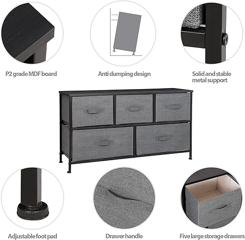 Miniatura 4 de SUPER DEAL Cómoda de 5 cajones para dormitorio, cómoda de tela para armario, organizador de almacenamiento de ropa ancho con marco de acero