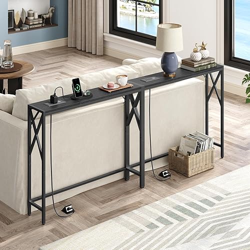 CTBK152E01S2 - Mesa de sofá estrecha de 70.8 pulgadas con estación de carga, paquete de 2 mesas de consola delgadas, mesa larga para pasillo de