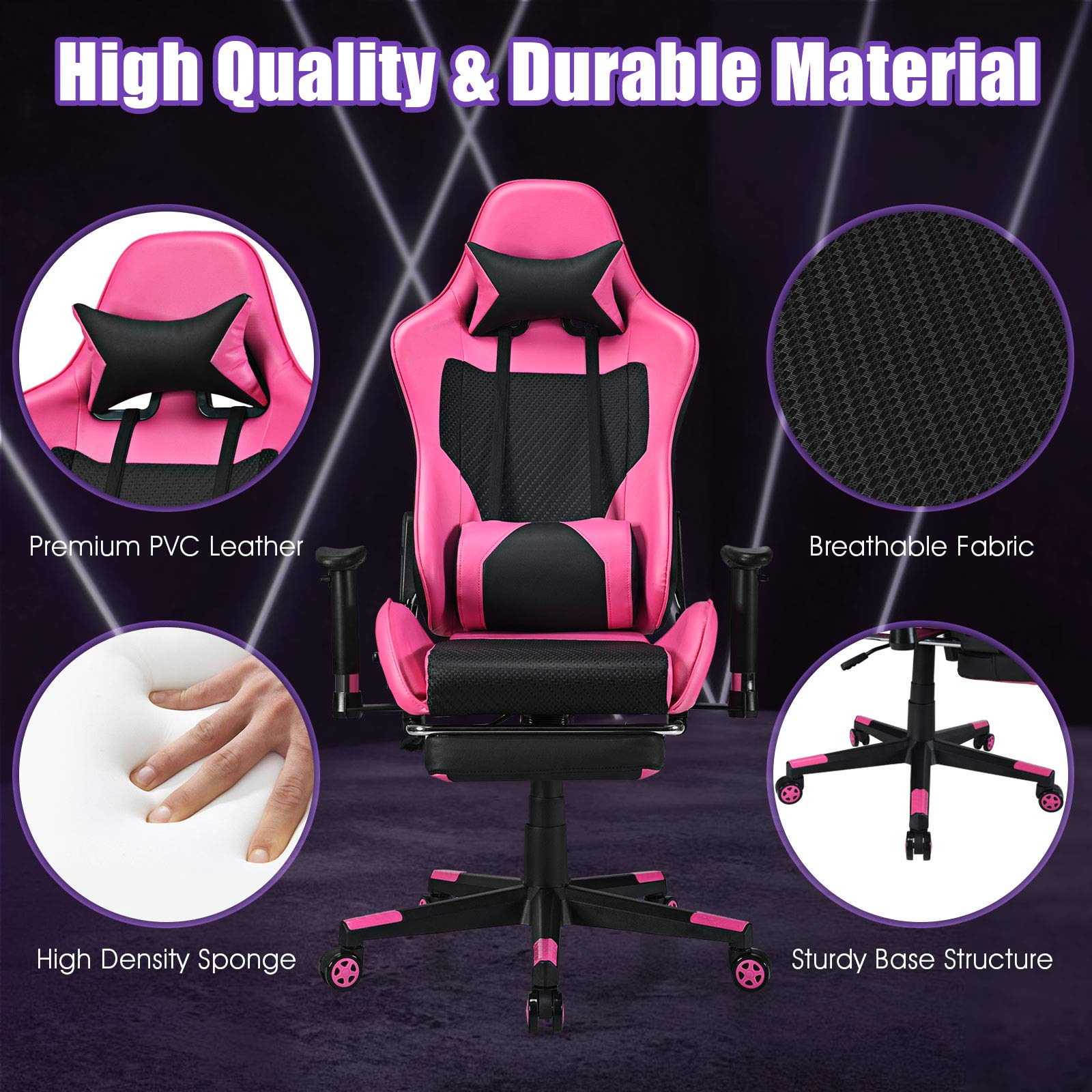 Giantex Massage Gaming Chair Pink Ergonomic Video Game Chair with Footrest High Back E-Sport Computer Chair with Headrest & Massager Lumbar Support PU Leather Gaming Seat product thumbnail 5