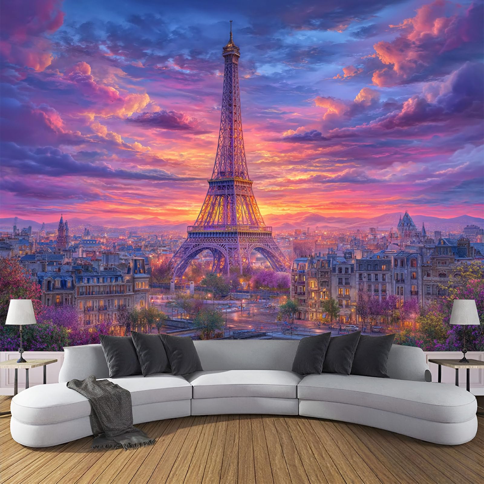 Papier peint Tour Eiffel violet pour salon romantique et moderne