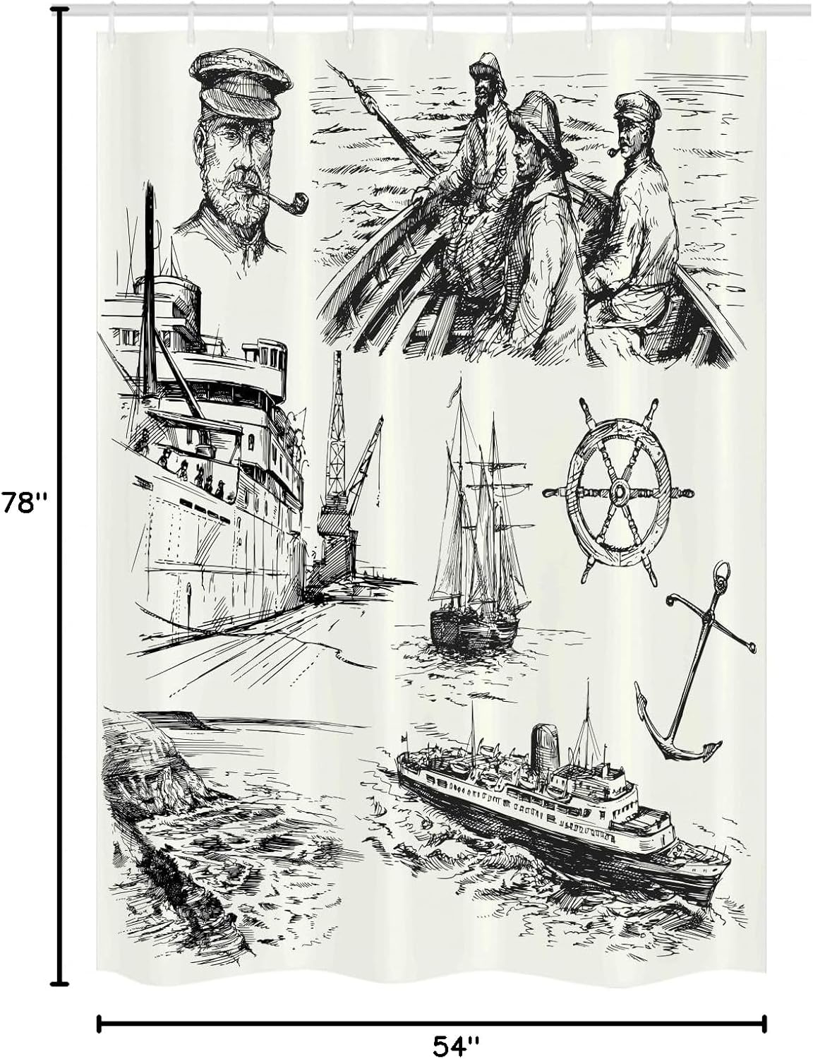 Ambesonne Nautical Stall Shower Curtain, Fisherman Captain Seaman Sailboat Old Historic Sketch Monochromic Style Artwork, Fabric Bathroom Decor Set with Hooks, 54" W x 78" L, Black White
