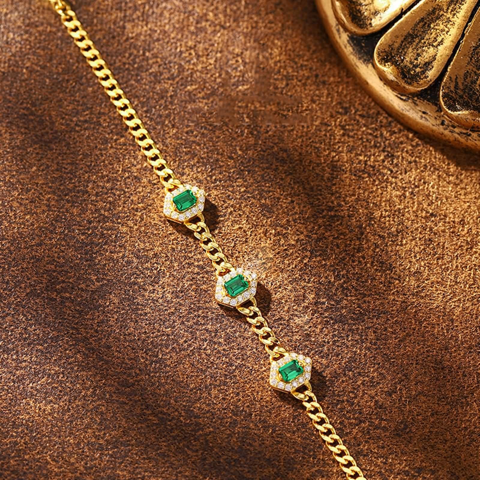 Pulseras de Oro Mujer 9 Kilates / 14 Kilates / 18 Kilates, Rectángulo con Esmeralda Creada de 0,9 ct y Moissanita, Cadena Extensible 16 CM + 5 CM, Pulsera Oro Verde Ajustable Mujer