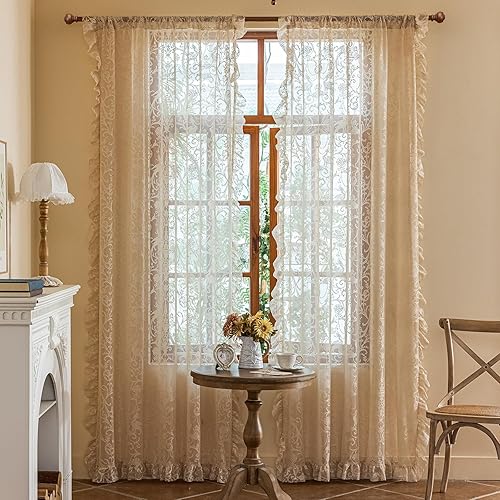 Cortinas florales beige de 108 pulgadas de largo Cortinas transparentes de encaje elegante para comedor, 60s 70s retro flor volantes privacidad