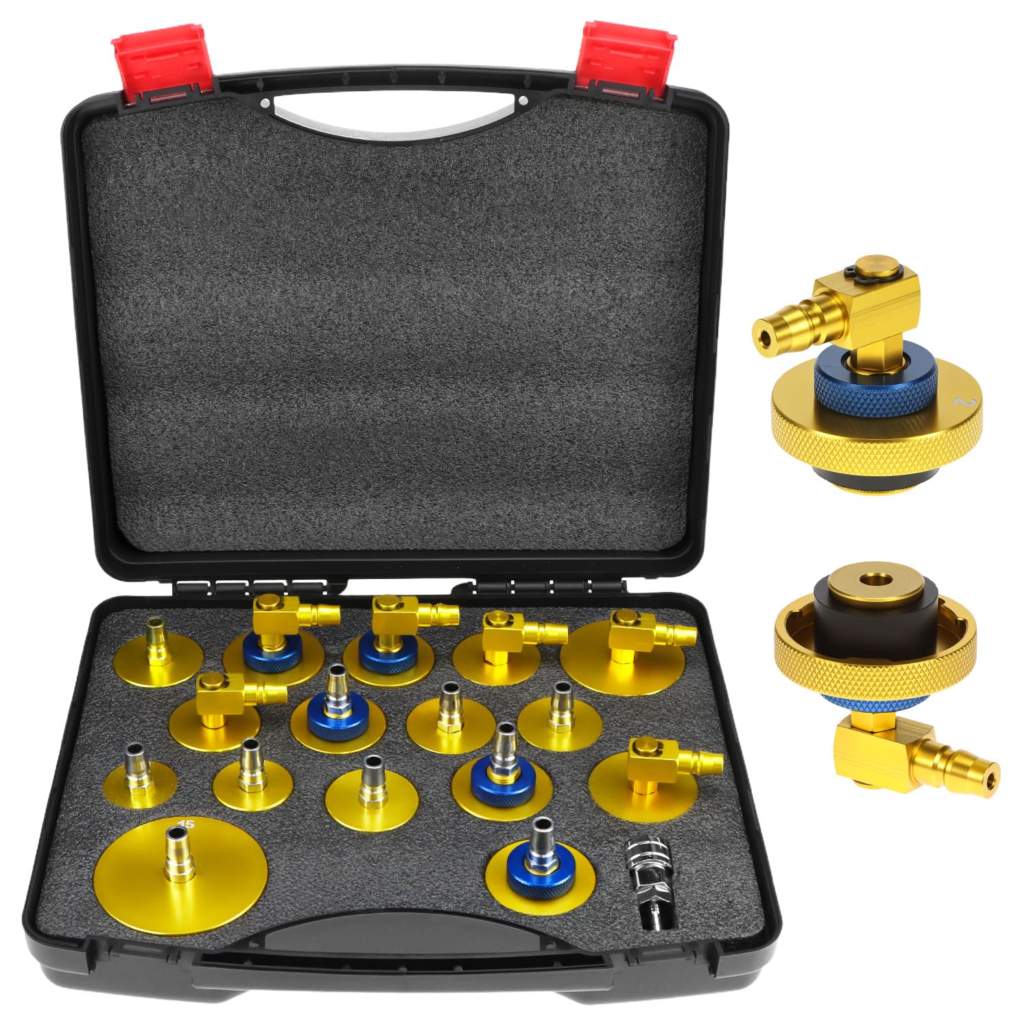 QWORK® Kit Adaptador de Purga de Frenos con acoplador rápido, Kit de 17 Piezas Conector de Cilindro Maestro Chapado en Oro para la Mayoría de los Vehículos
