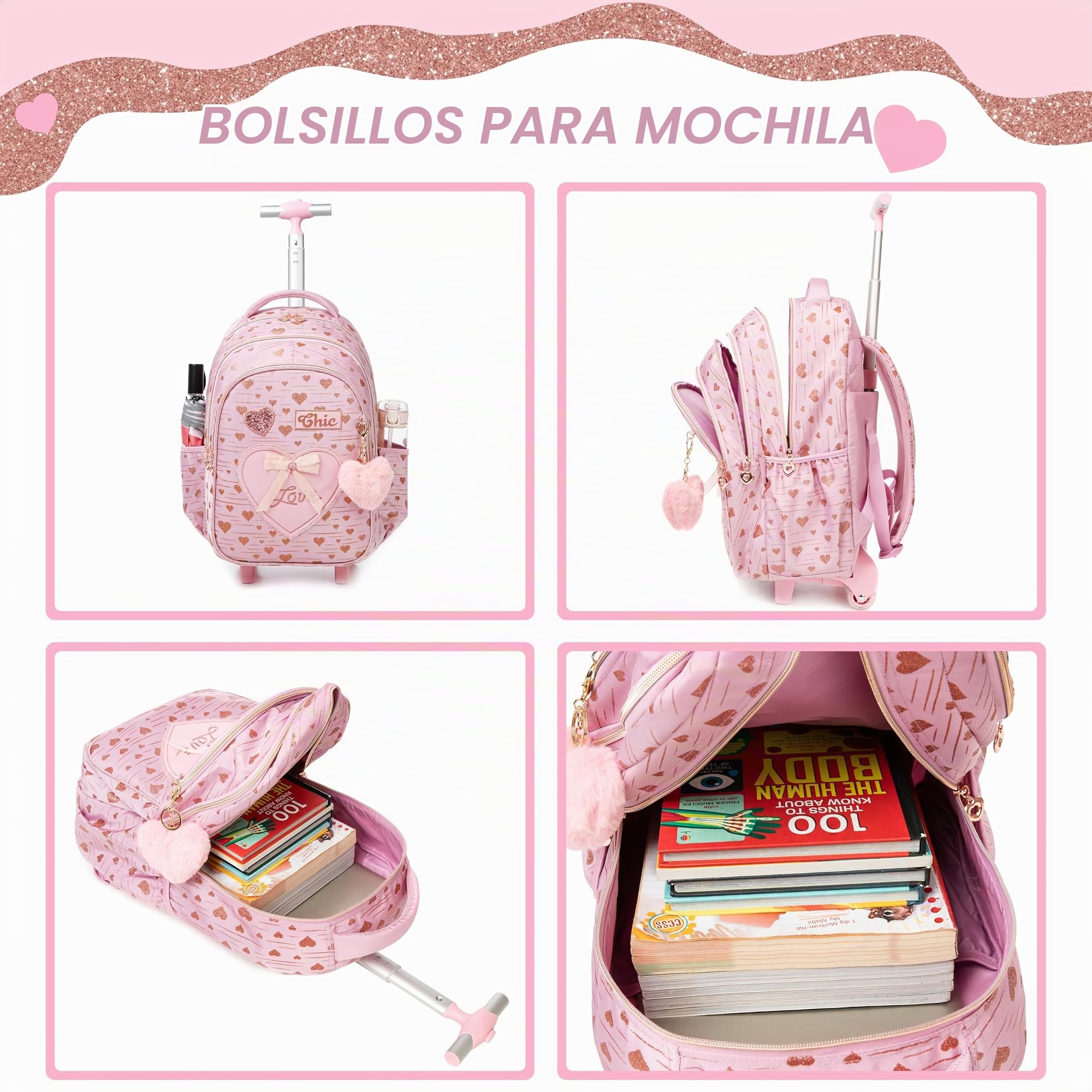 HTgroce 3 en 1 Mochila Escolar Con Ruedas Mochilas Trolley Escolares Con Ruedas Mochila Con Ruedas Niña Equipaje de Viaje 8 años