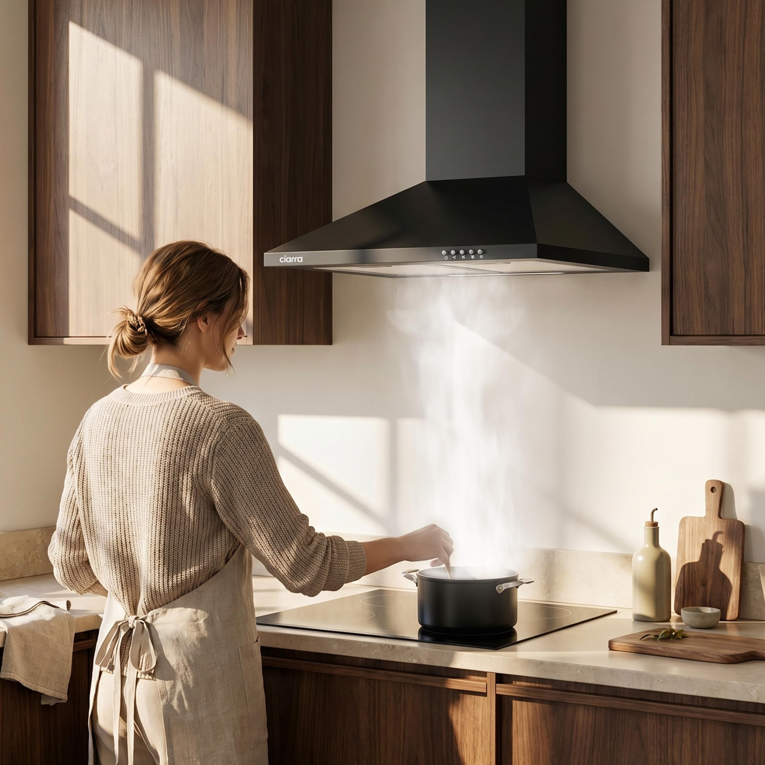 CIARRA CBCB6201 Cappa Aspirante Cucina 60 cm Classe A++ - Design Nero, 370 m³/h, 3 Livelli di Potenza, Montaggio a Parete con Filtro Carbone CBCF002X2