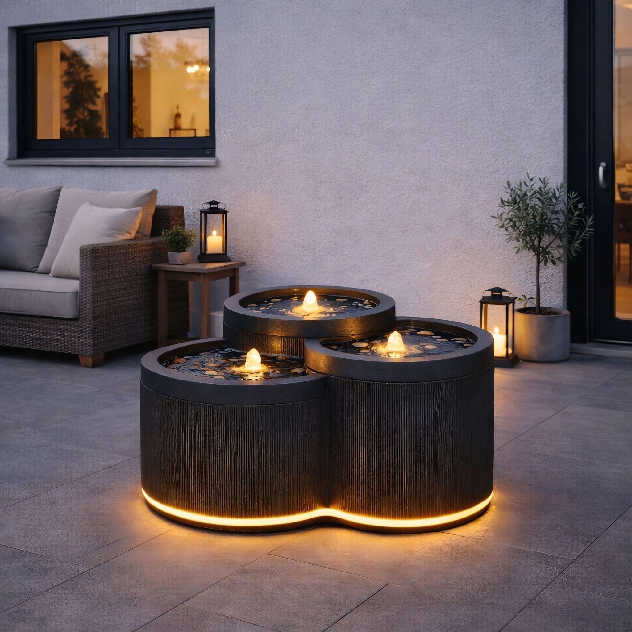 Wacredo Premium Wasserspiel Komplettset Aruba anthrazit 55 x 51 x 28cm Quellstein Trio Indoor und Outdoor Quellstein Brunnen klassisch Steinoptik mit 3X LED Spot und 1X LED Band handbemalt