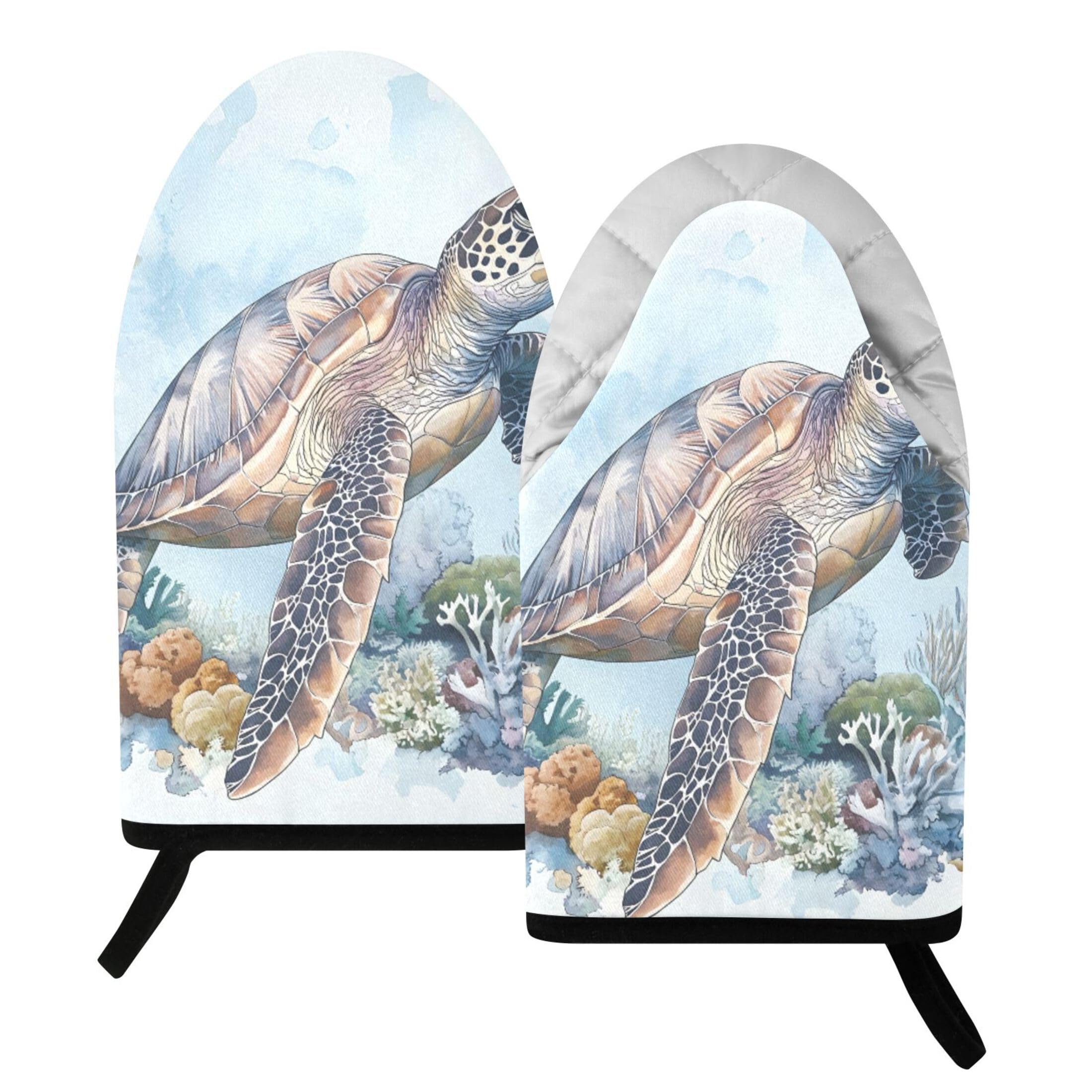 Fuauuyl Oven Mitts Heat Resistant Kitchen Gloves, Sea Turtle Classic Oven Gloves with Hanging Loop for Baking BBQ Cooking Grilling, 1 Pair, 9.5 in