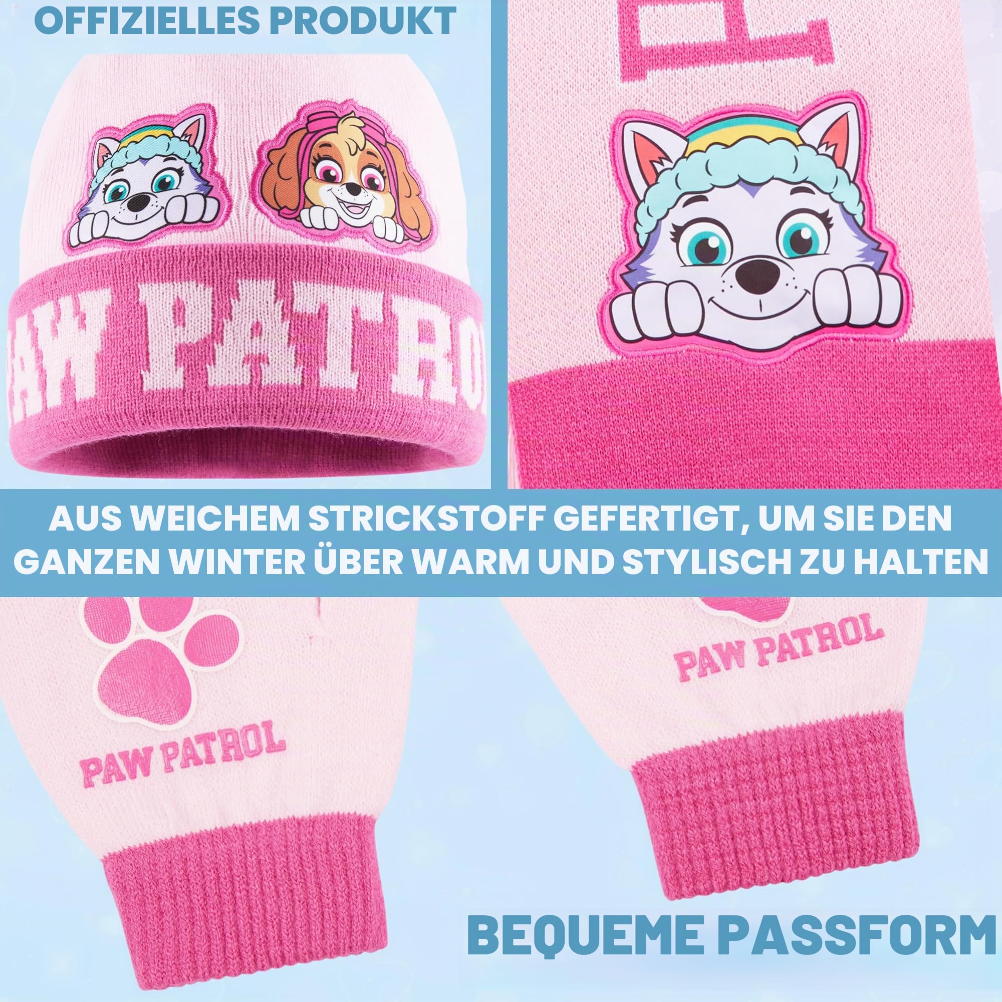 PAW PATROL Beanie Schal Handschuhe Set für Mädchen 3–7 Jahre, Weiches Strickmaterial, Kawaii Rosa Design, Geschenk für Kinder
