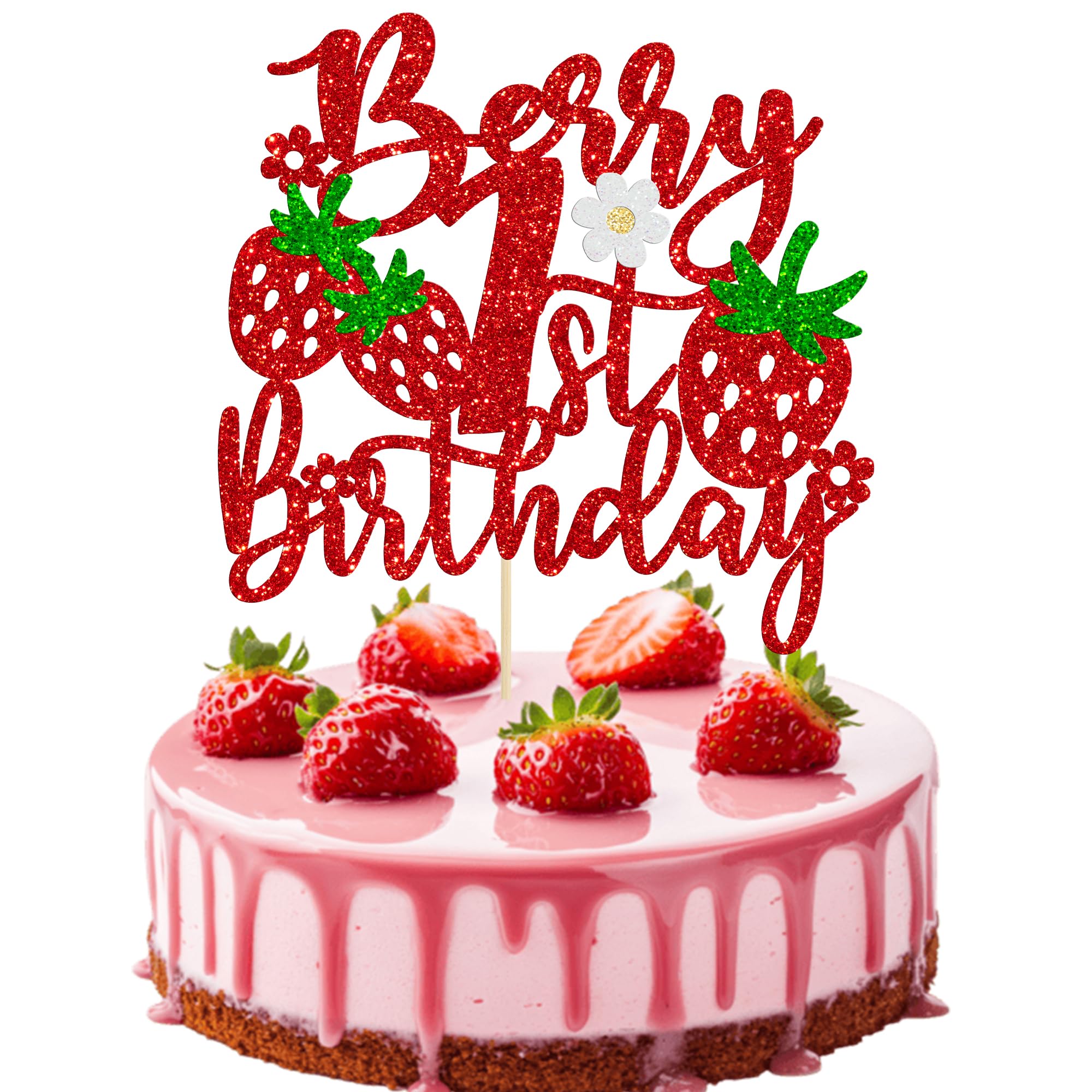 Ephlyn 1Pc Berry 1st Birthday Cake Topper Flower Glitter Sweet Fruit Theme First Birthday Strawberry One Cake Pick for Strawberry Theme Baby Shower Kids 1st Birthday Party Decorations Supplies Red 1