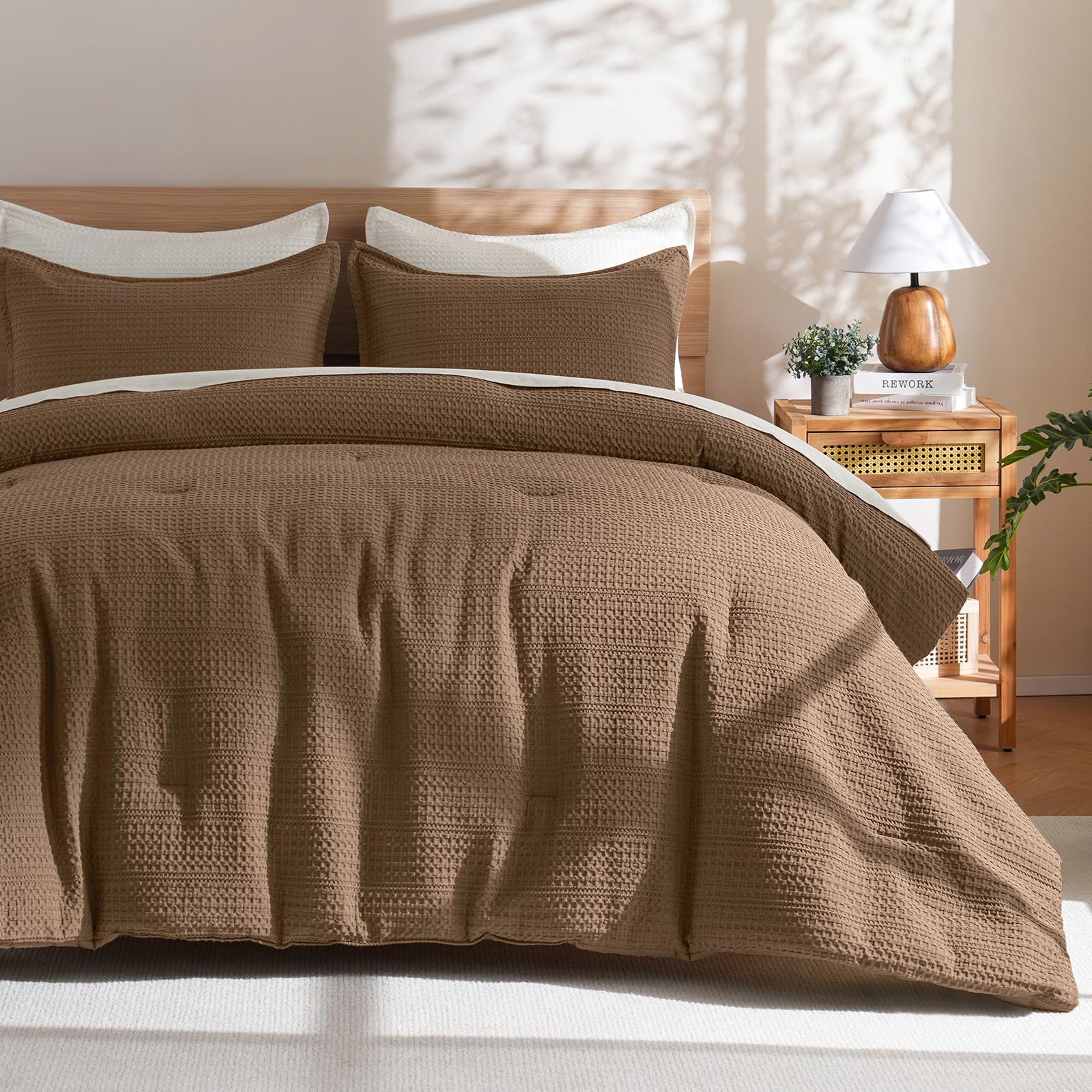 phf soft waffle comforter set king size- comfy breathable waffle weave comforter with 2 pillow shams, 3 pieces less snagging lightweight textured bedding set for all season, mocha/cocoa brown