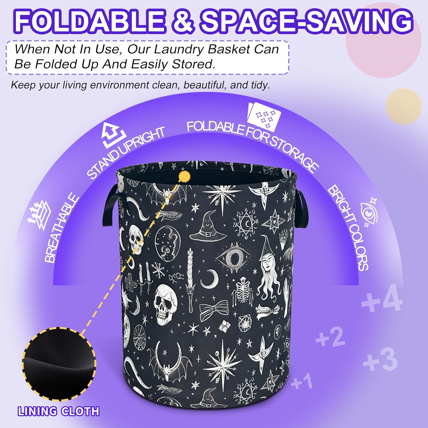 Witch Gothic Laundry Basket Skull Magic Oxford Cloth Laundry Hamper Funny With Handle Foldable Portable Clothes Storage Basket 18.9 X 16.5 In Storage Bag For Laundry Room/Bathroom/Bedroom/Dormitories