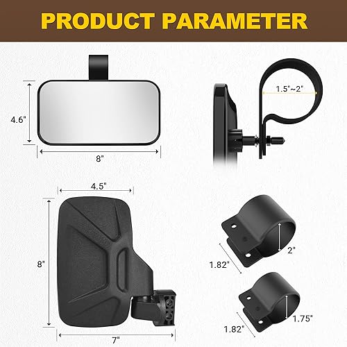 Miniatura 8 de Espejos laterales y espejo central, espejos retrovisores ajustables para barra antivuelco de 1.6-2 pulgadas compatible con Polaris Ranger RZR Can-Am