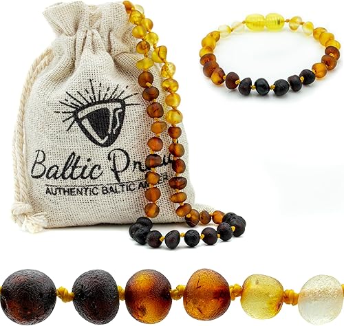 Baltic Proud Amber Necklace and Bracelet Gift Set (Unisex Rainbow Raw 12.5 Inches/5.5 Inches) - Certified Premium Quality Raw Baltic Sea Amber