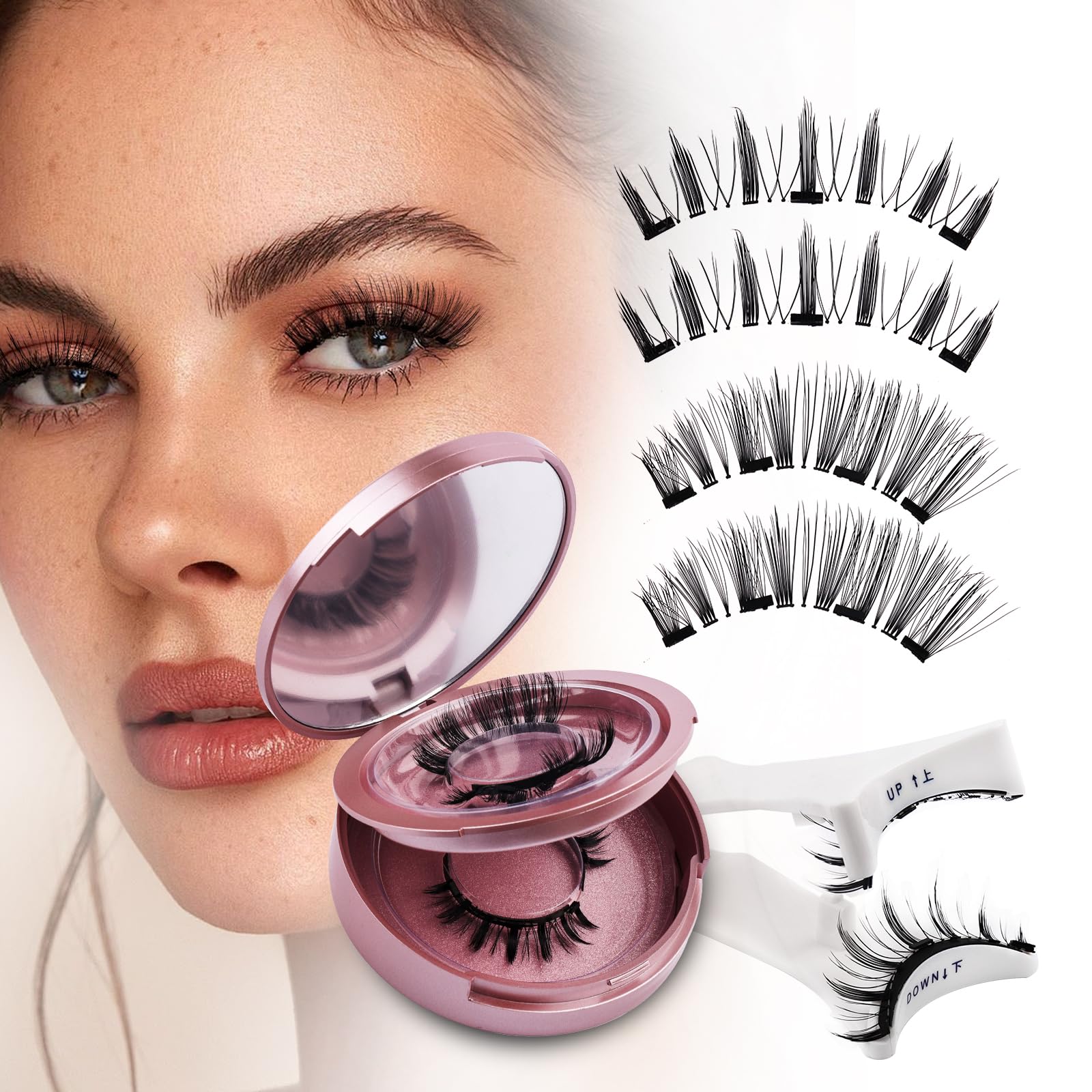 Pestañas Magnéticas 2 Pares Pestañas Postizas Magnéticas Reutilizables con Aplicador Sin Pegamento Magnéticas Naturales sin Eyeliner Kit de Pestañas Magnéticas(magnetic lashes-KS02+XM1)
