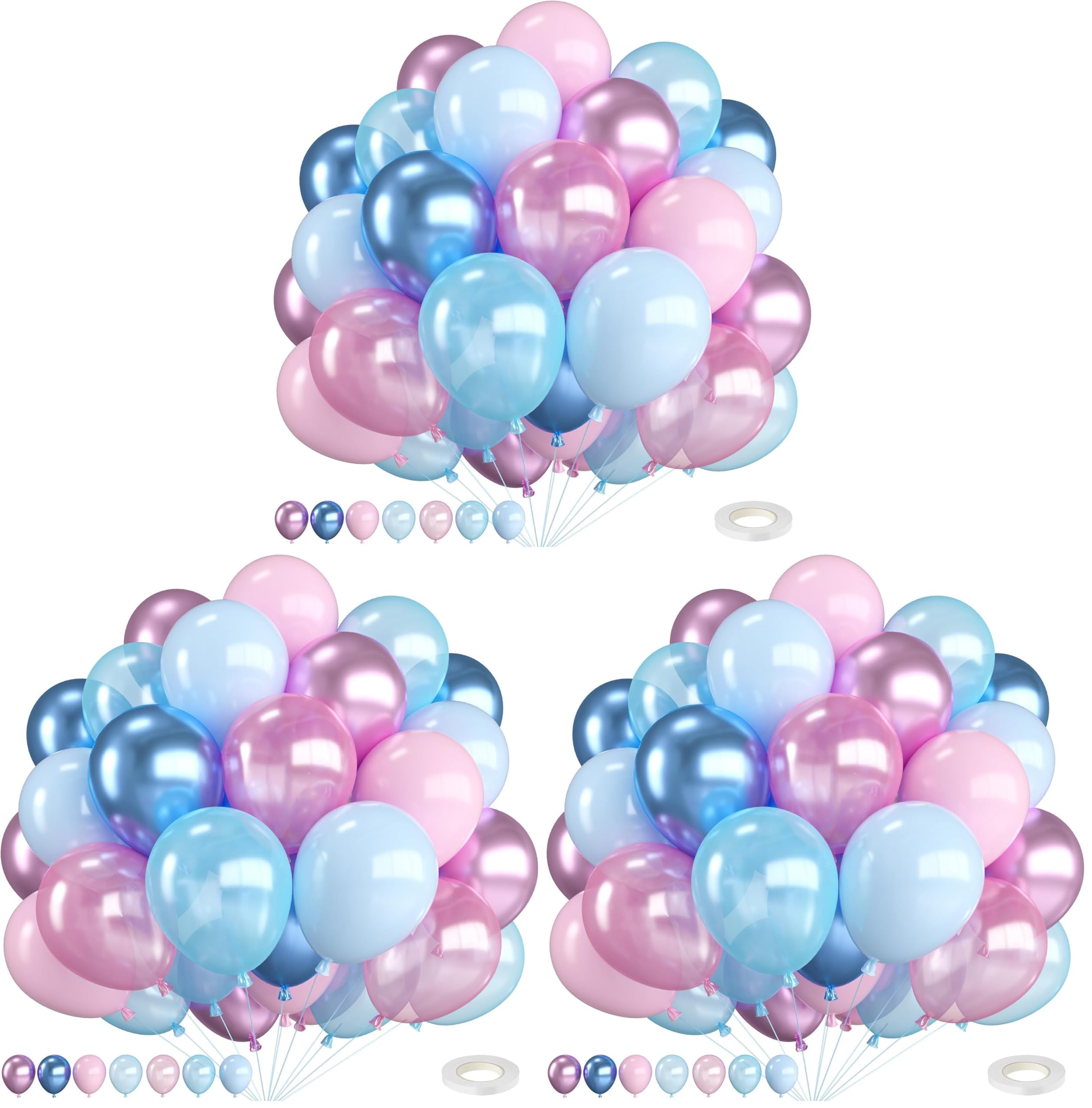 Pink and Blue Balloons,12 Inch Metallic Baby Blue Pink Purple Balloons,Latex Balloon with Ribbon,for Girl Birthday Baby Shower Gender Reveal Party Decorations (Pack of 3)