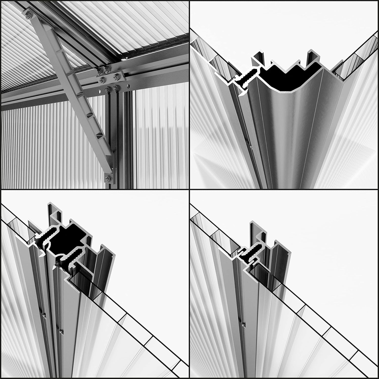 GFP Greenhouse Saphir 6 Aluminum Frame 8.5 x 12.6 ft Approx. 8 mm Polycarbonate Panels - with Bonus Base Frame and Automatic Vent Opener