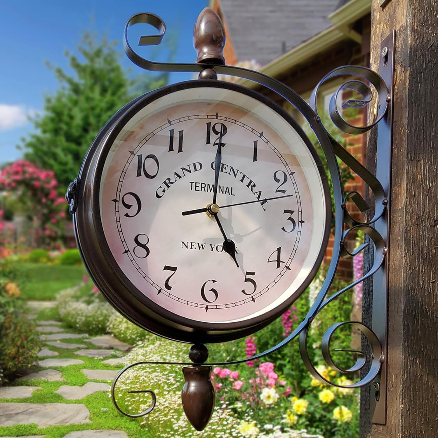 Horloge murale rotative double face rétro en fer forgé - Étanche - Nostalgie noire - Pour gare, salon, porche, couloir, jardin