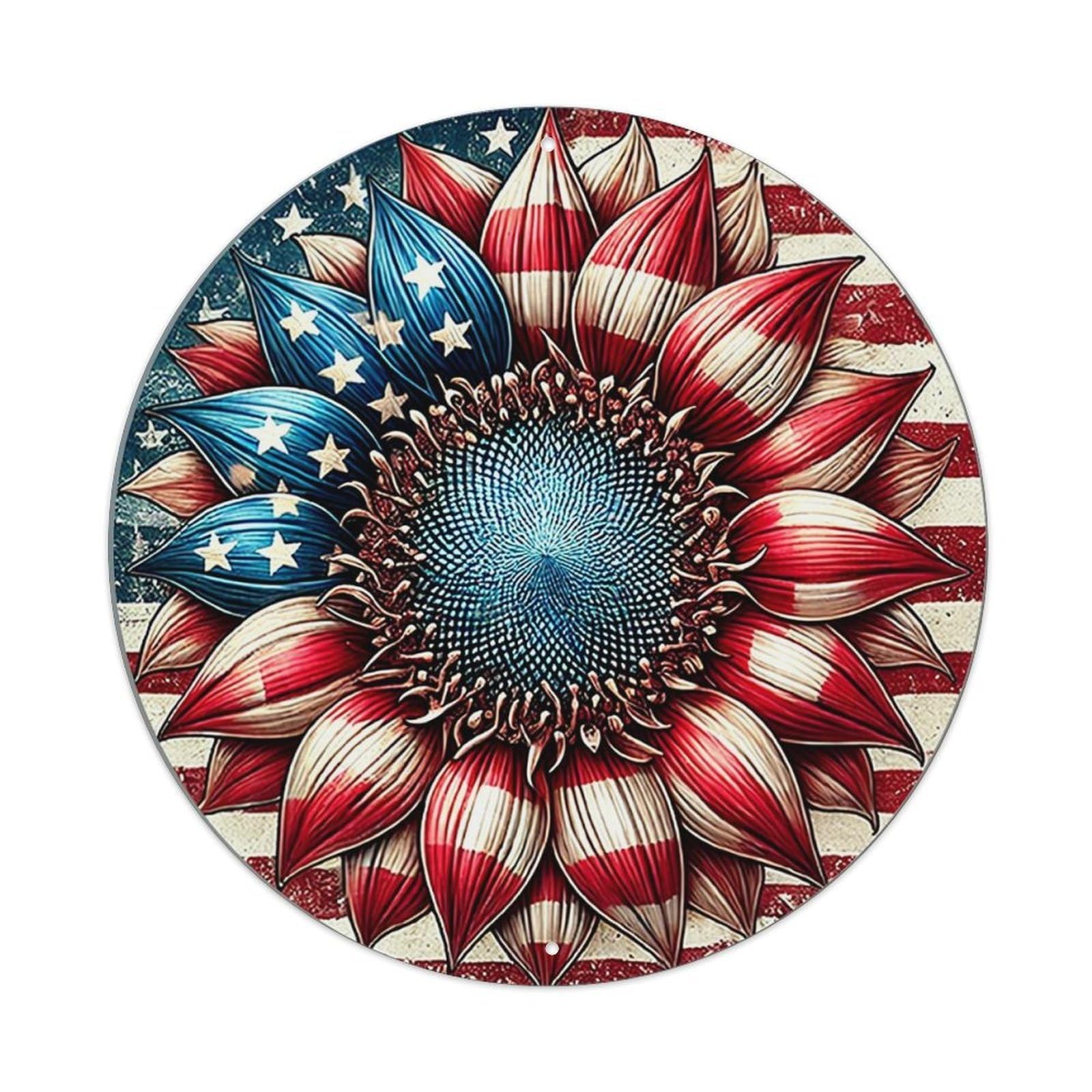 Patriotic American Flag Sunflower Design Vintage Metal Tin Sign Retro Wall Decor for Home Bar Garage Cafe, Indoor & Outdoor Decorative，circle Metal Poster, 8x8 Inch