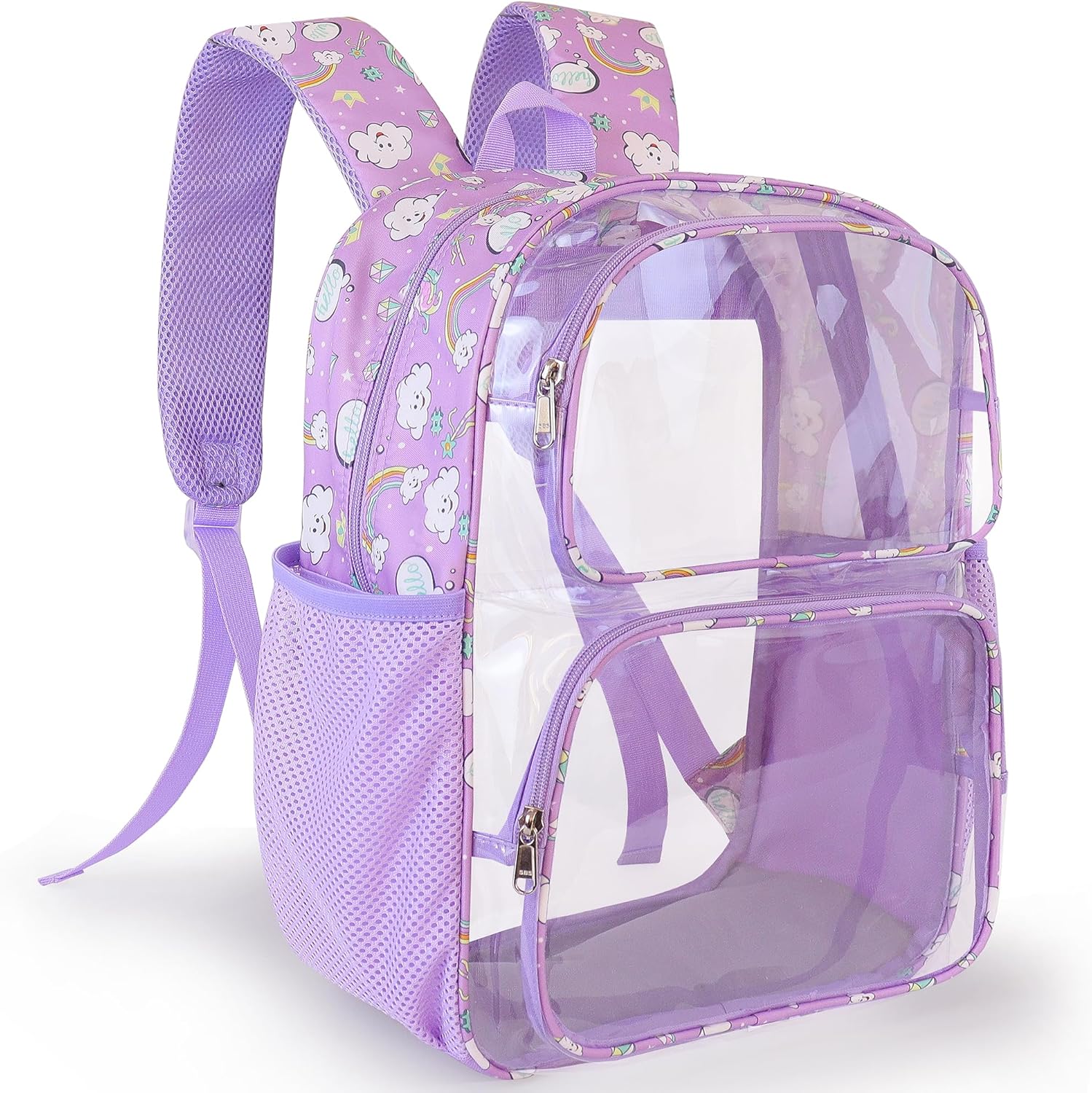Clear Backpack,16'' Clear Backpack for Girls Heavy Duty School Backpacks See Through Bookbag for Kids 4 to 8,Purple Rainbow