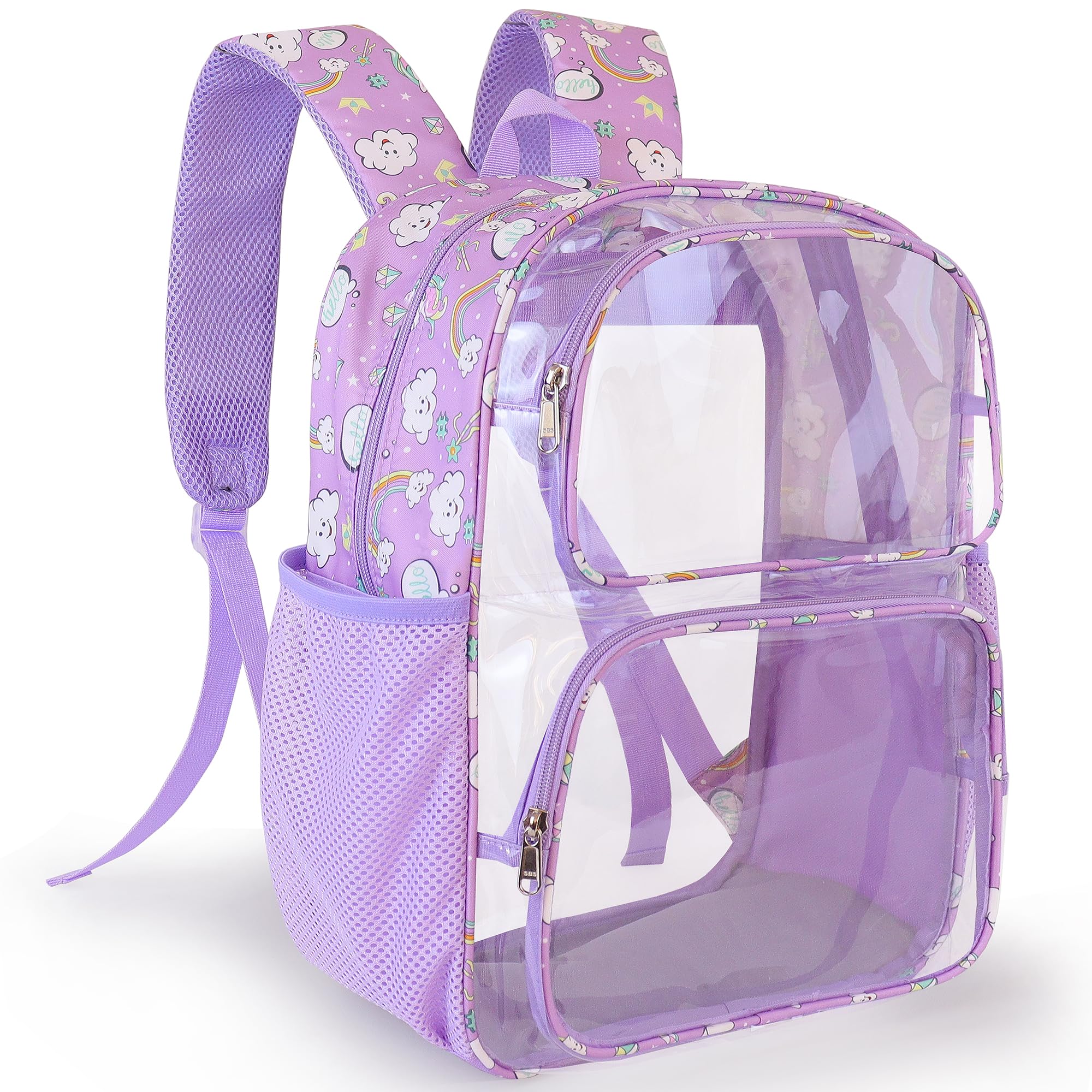 GiMiUiTo Clear Backpack,16'' Clear Backpack for Girls Heavy Duty School Backpacks See Through Bookbag for Kids 4 to 8,Purple Rainbow
