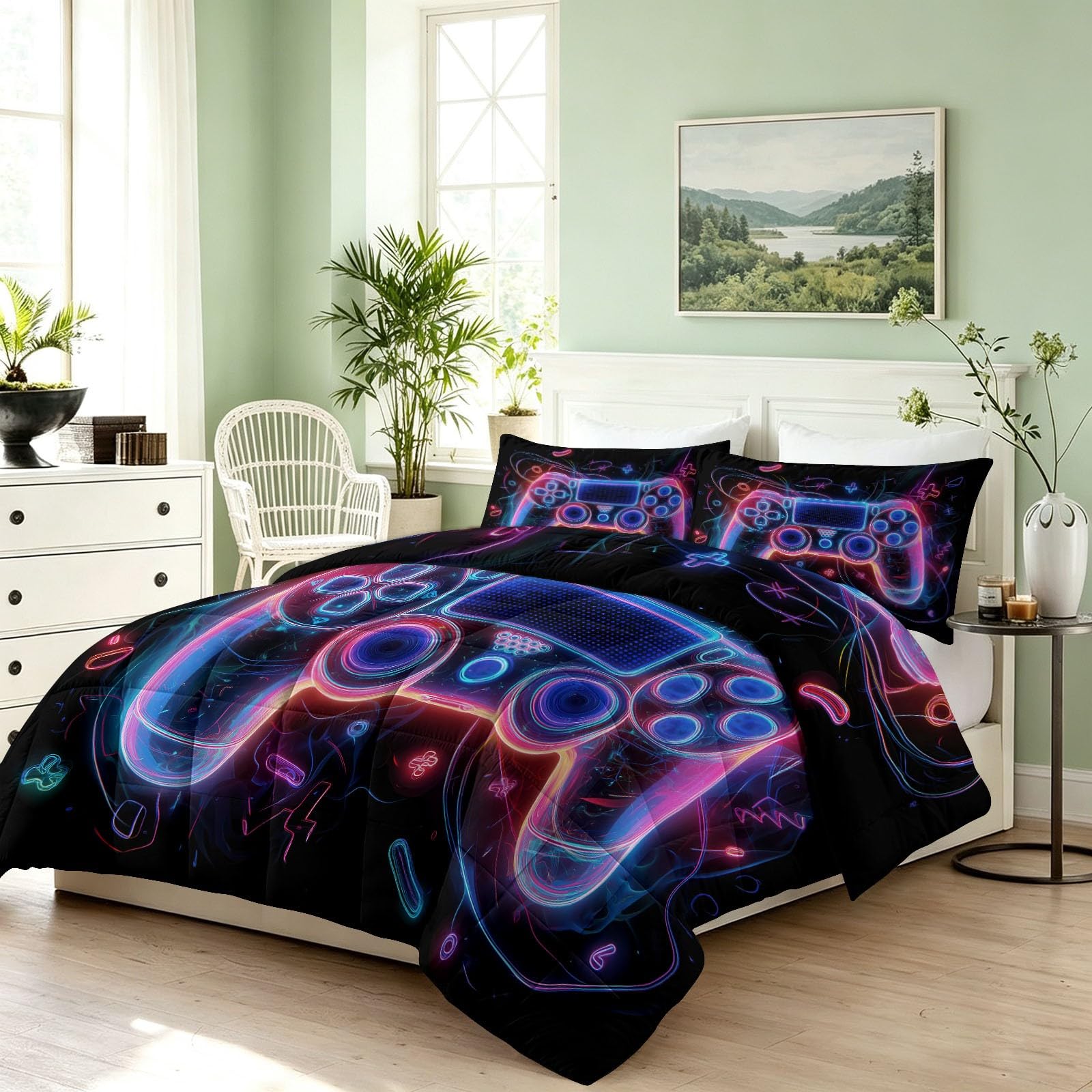 Edredón sin funda 240 x 220 cm - E Sports Gaming - Manta para todo el año, diseño de mando de videojuegos luminoso, 3 piezas, para alérgicos, 4 estaciones, edredón + 2 fundas de almohada de 80 x 80 cm