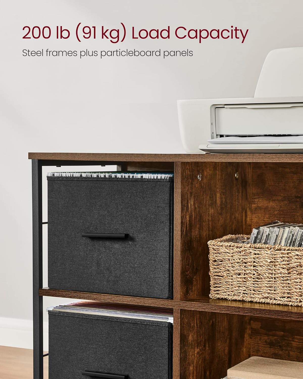 VASAGLE File Cabinet with 2 Drawers, Bookcase, Cube Storage Shelf, Printer Stand, for A4, Letter-Size Files, Hanging File Folders, Home Office, Rustic Brown and Ink Black UOFC057B01 - Image 4