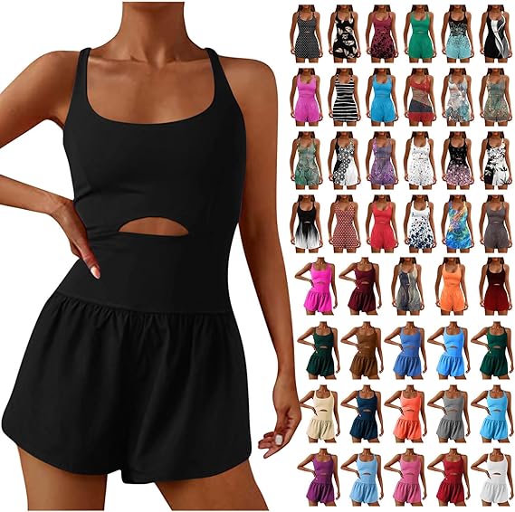 Casual Work Outfits for Women Onesie Workout Romper Back Athletic Equipment One Piece Running Tennis Gym Shorts Jumpsuit