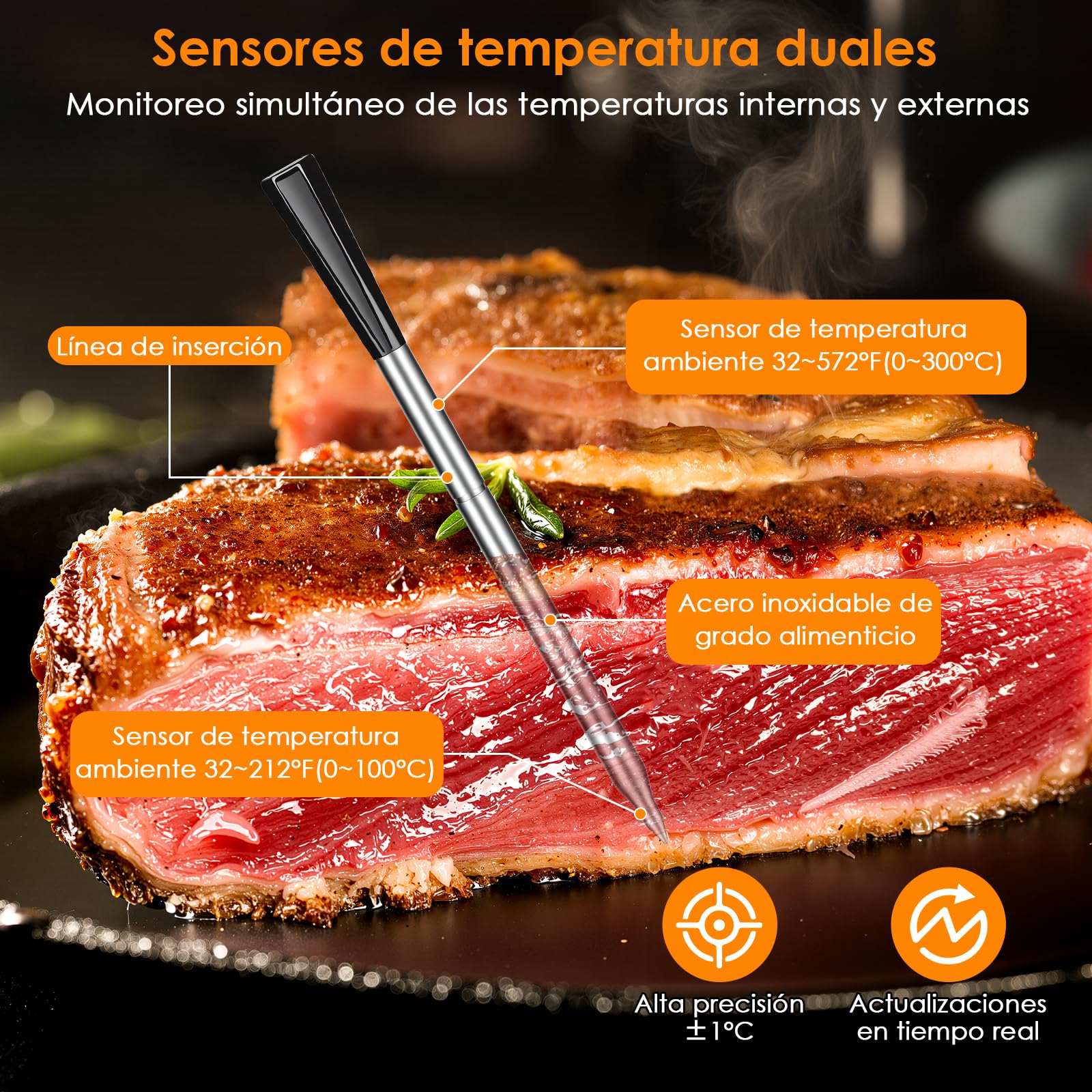 Dreamhigh® Termometro Digital Cocina con Bluetooth, 2 Sondas, IP67 Impermeable​, 0-300°C, Termometro Carne para BBQ, Grill, Cocina, Asador