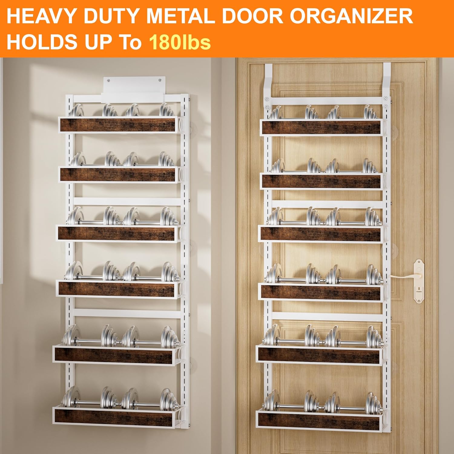 6 Tier Over The Door Pantry Orangizer 2 IN 1 Wall Mounted or Hanging Spice Rack with Adjustable Wood Basket,Heavy Duty Seasoning Storage Shelf for Kitchen Pantry and Bathroom