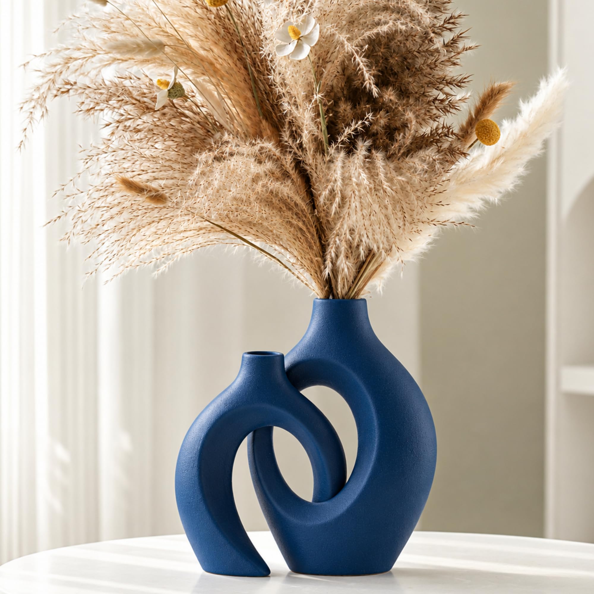 Lvases Snuggle Hollow Ceramic Flower Vase of 2, Navy Blue Home Decor Vases