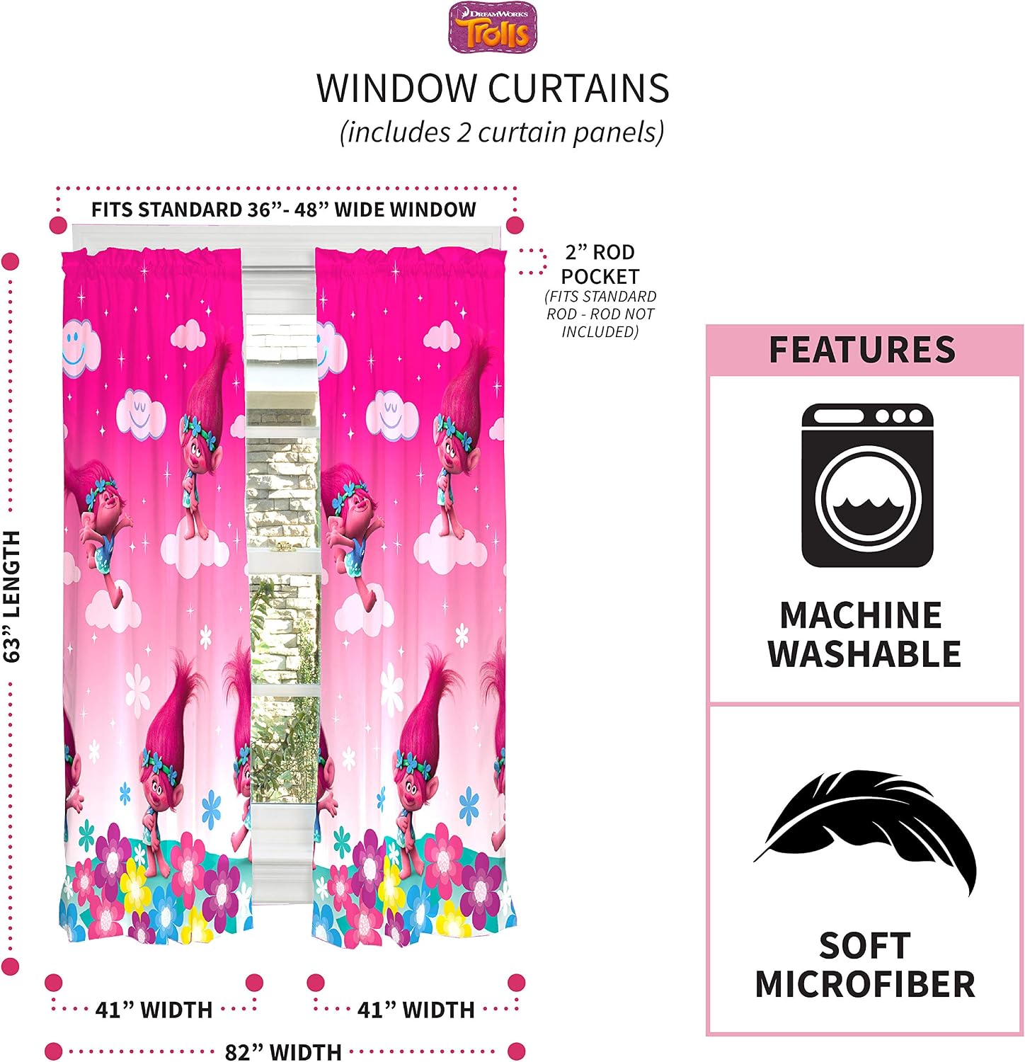Franco Kids Window Curtain Panels Drapes Set, 82 in x 63 in, Trolls