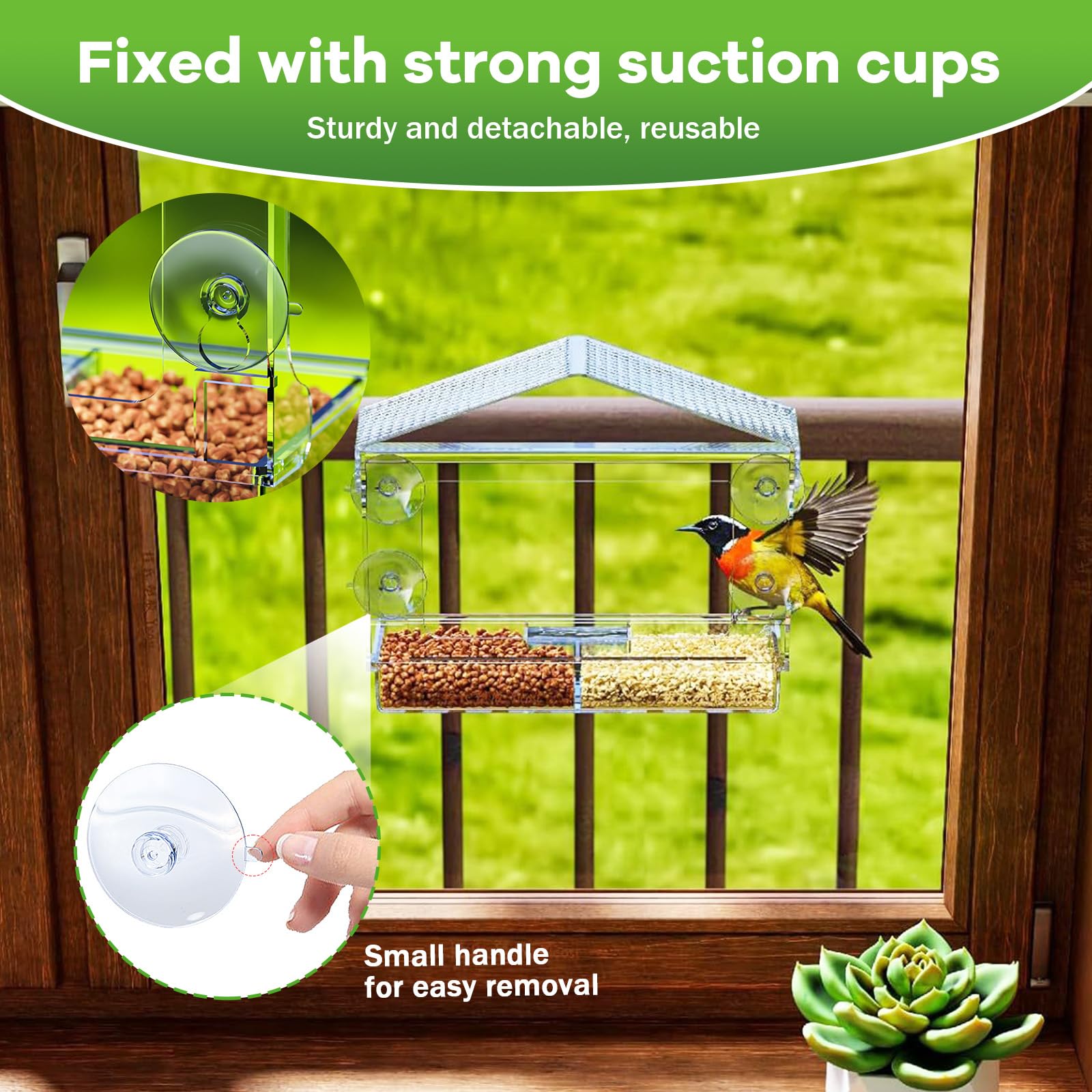 Window Bird Feeder, Clear Outdoor Bird House with 4 Strong Suction Cups & Removable Seed Tray, 3 Compartment Design with Drainage Holes, Ideal as a Birdwatching Gift, Outdoor Bird Feeder, and Garden D — view 6