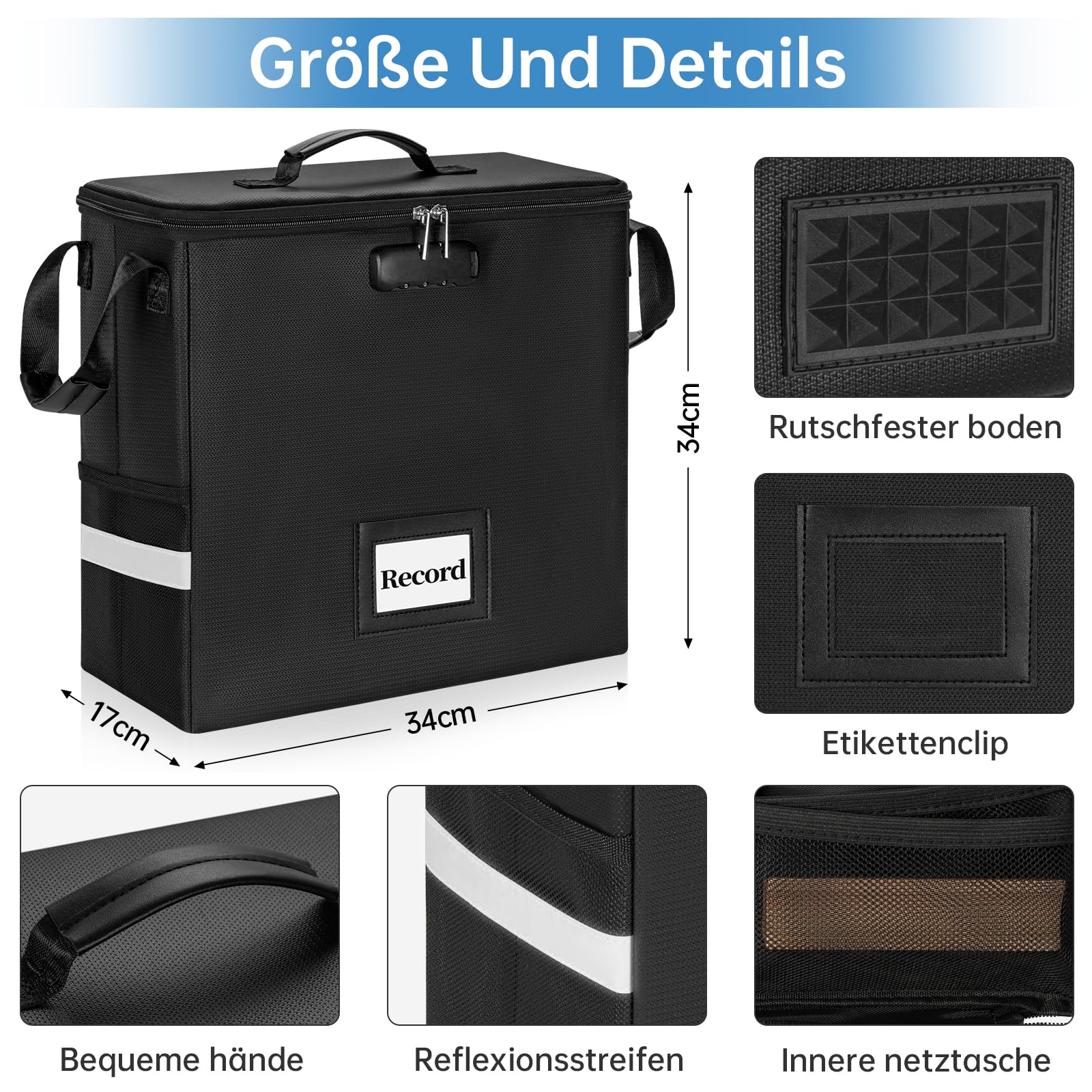 OUUTMEE Feuerfeste Vinyl-Schallplatten-Aufbewahrungsbox mit Schloss, wasserfeste Klappbare LP-Schallplatten-Aufbewahrung für 12" Schallplatten, Hält bis zu 30+ einzelne Schallplatten, Klein