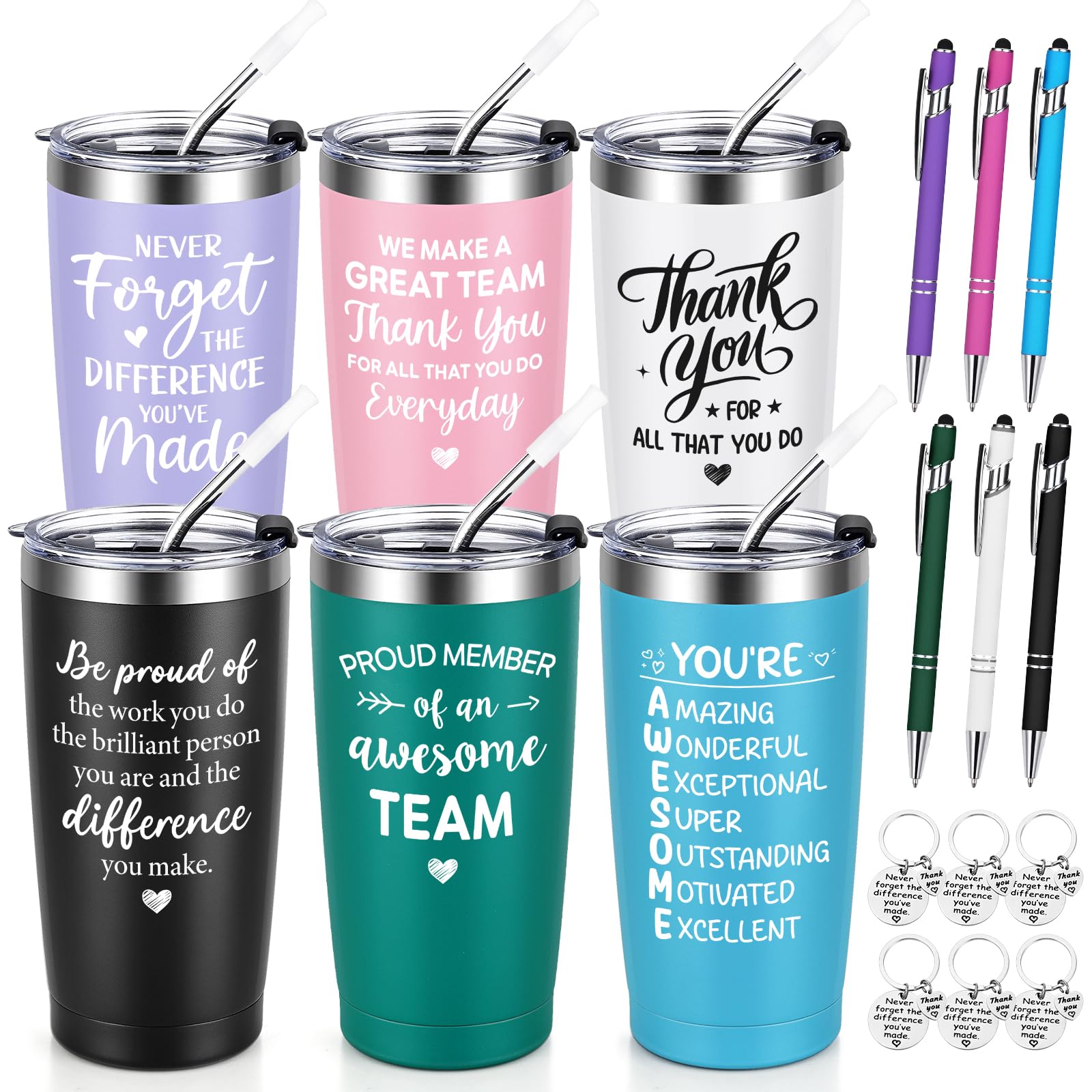 Lifecapido 6 Set Employee Appreciation Gifts, Team Gifts for Employees, Thank You Inspirational Christmas Gift for Staff Coworker Team, 20oz Insulated Tumbler with Ballpoint Pen and Keychain
