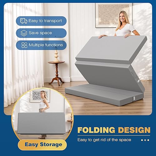 Miniatura 4 de Colchón plegable individual de 4 pulgadas, cubrecolchón de espuma, suave, resistente a la suciedad, cama portátil para campamento, cama de invitados