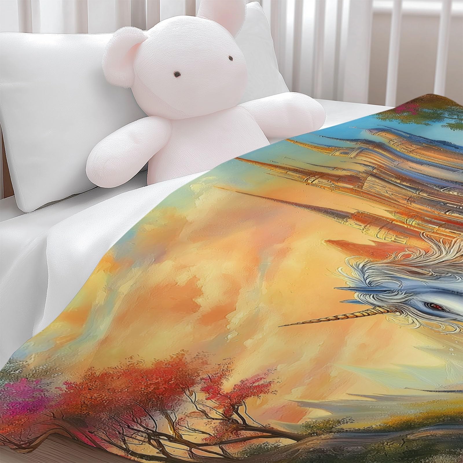 Koc z nadrukiem jednorożca, kolorowy, 200 x 200 cm, miękki, przytulny, termiczny, flanelowy, pościel dla chłopców i dziewcząt, na łóżko, kanapę, puszysta, narzuta, 200 x 200 cm