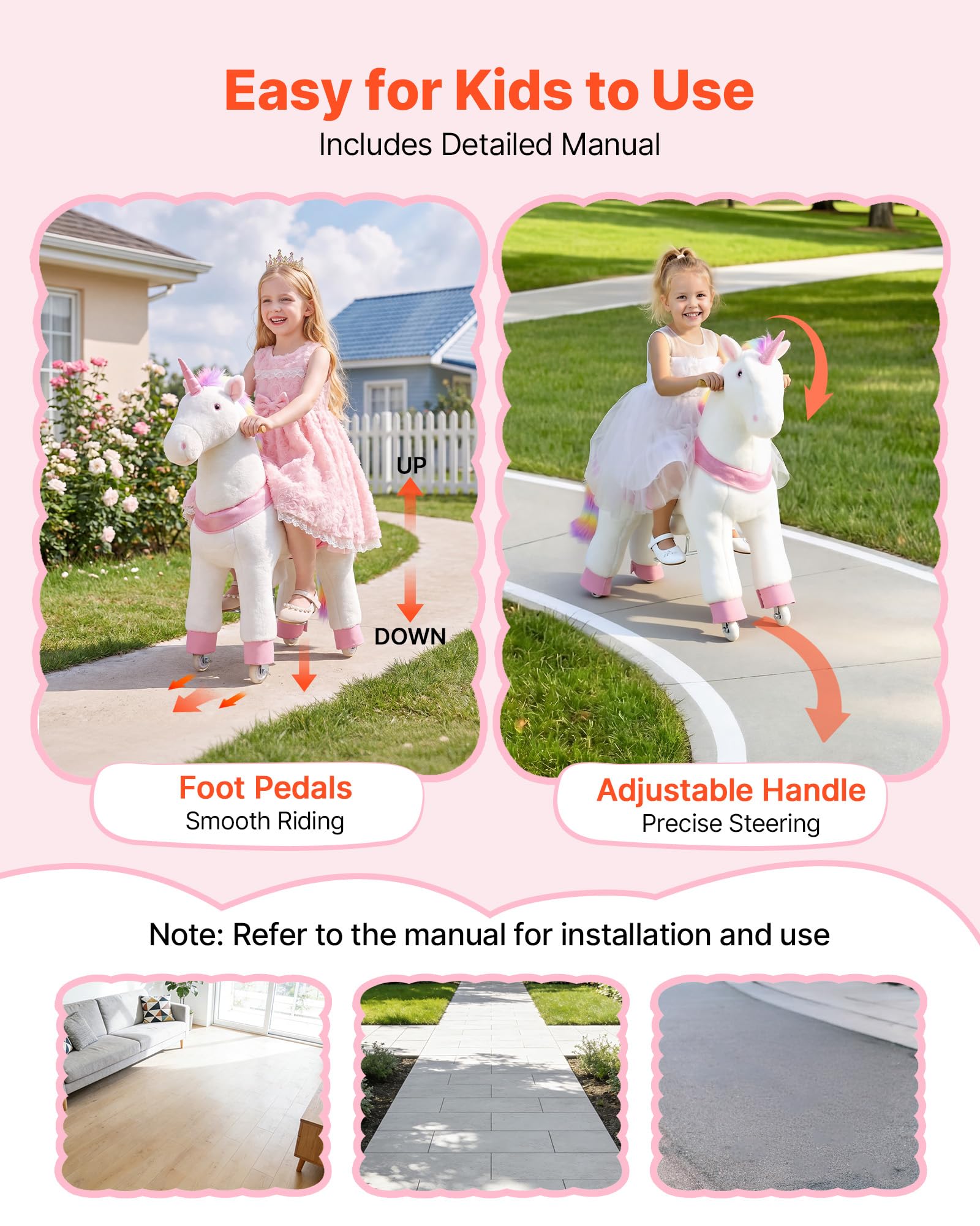 VEVOR Unicorno Cavalcabile per Bambini, Cavallo Giocattolo Cavalcabile con Ruote, Senza Batterie, Anello Anti-Ribaltamento, Sedile Rialzato, Maniglie e Pedali, Carico Massimo 80kg, Per Bambini 6+ Anni