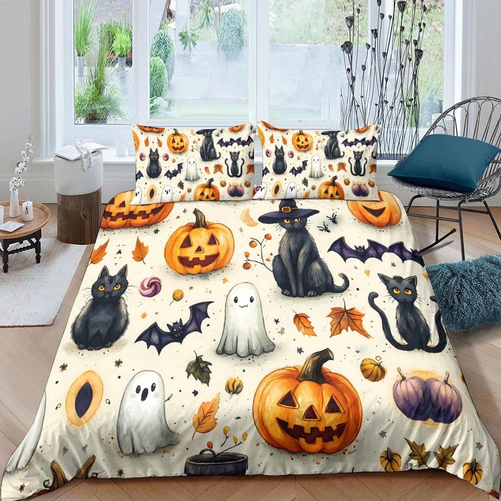 Ctjqhvkz Style-2 3D Printed Halloween Pumpkin Fitted Sheet Microfiber Soft Black Cat Ghost Mattress Cover For Bedroom Dorm Decor Single（135X200cm）