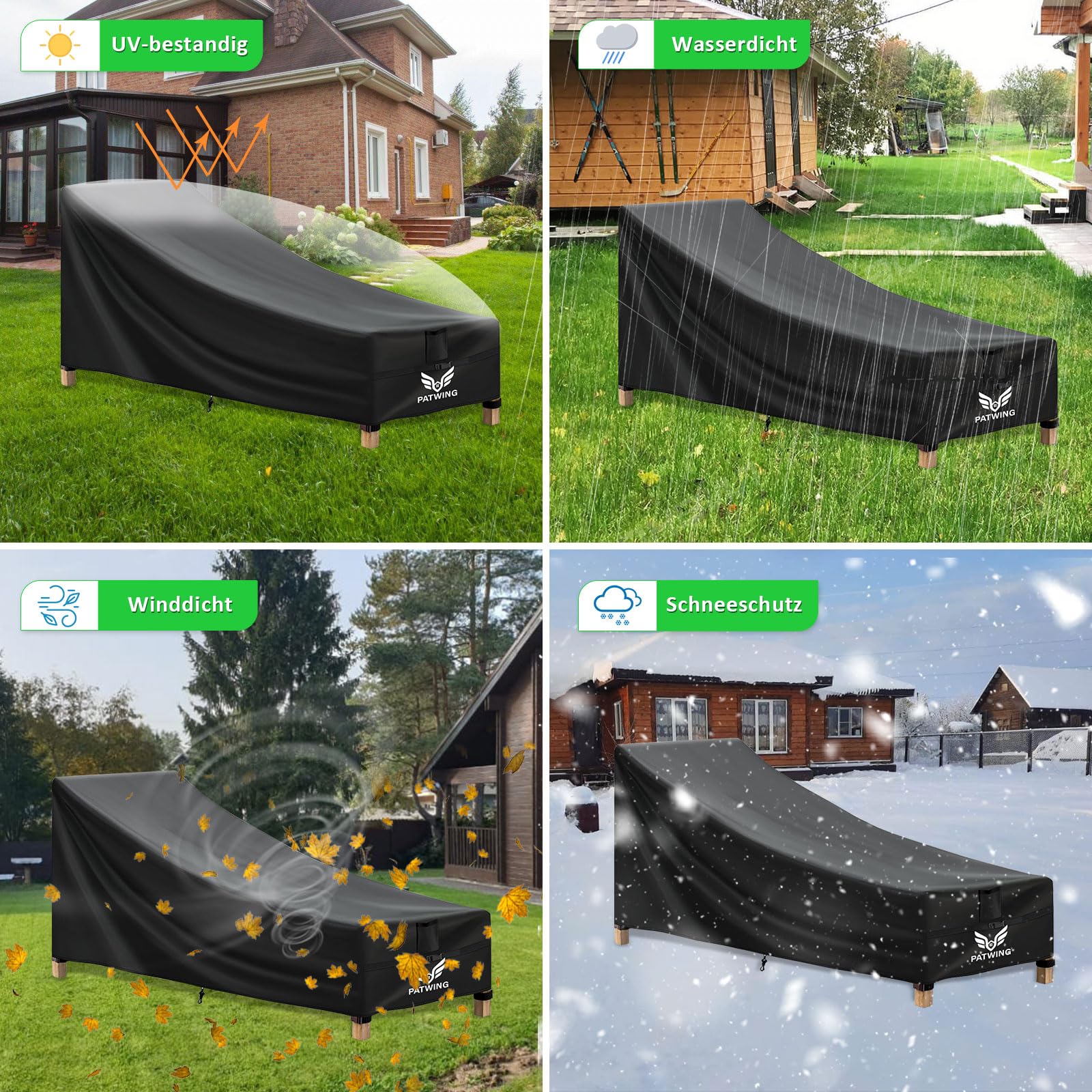 Housse de Chaise Longue de Jardin, Tissu Oxford 600D Housse pour Chaise Longue, Imperméable, Coupe-Vent, Résistant Aux UV de Jardin pour Chaise Longue (Noir, 200*70*40/75cm)