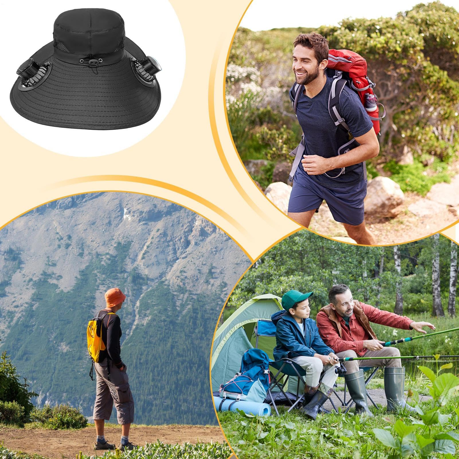 Sombrero Hombre Verano con Ventilador Solar, Gorra Ventilador, 3 Velocidades, USB, ala Ancha Y Resistente a Los Rayos UV, para Actividades Aire Libre, Montañismo, Pesca, Circunferencia: 48-56cm