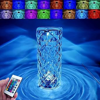 FEEH Crystal Lamp,16 Color Changing Rose Crystal Diamond LED Table Lamp,USB Rechargeable Touch Bedside Lamp Night Light with Remote Control, for Bedroom Living Room Party Dinner Decor