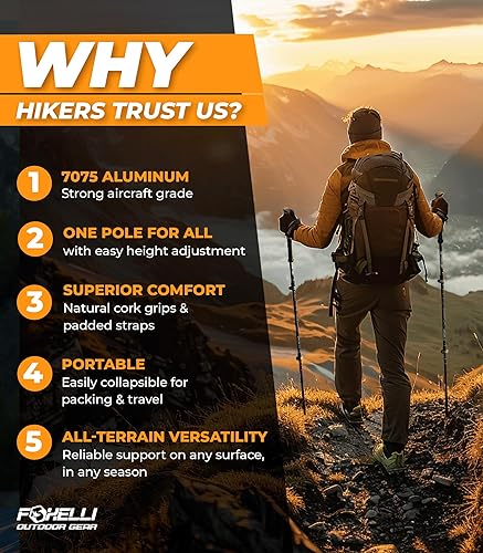 Miniatura 2 de Foxelli Bastones de senderismo  Paquete de 2 postes de senderismo plegables ligeros, resistentes de aluminio para aeronaves con agarres de corcho