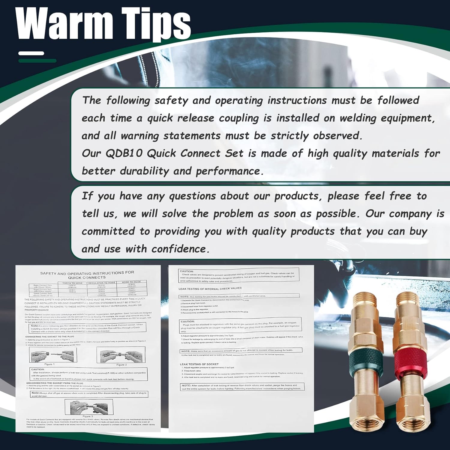 Upgraded QDB10 Torch to Hose Quick Connect Set, With Check Valves. Brass construction color coded for safety (oxy/green, fuel/red).