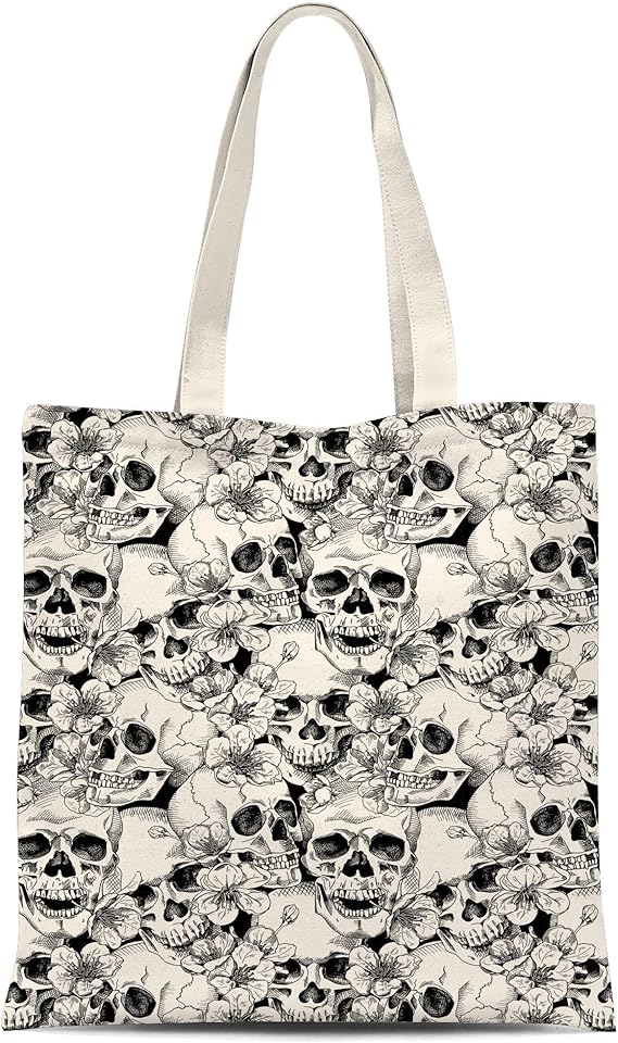 Goth Skull Canvas Tote Bag with Zipper Inner Pocket,Halloween Reusable Shopping Beach Travel Grocery Bag for Women