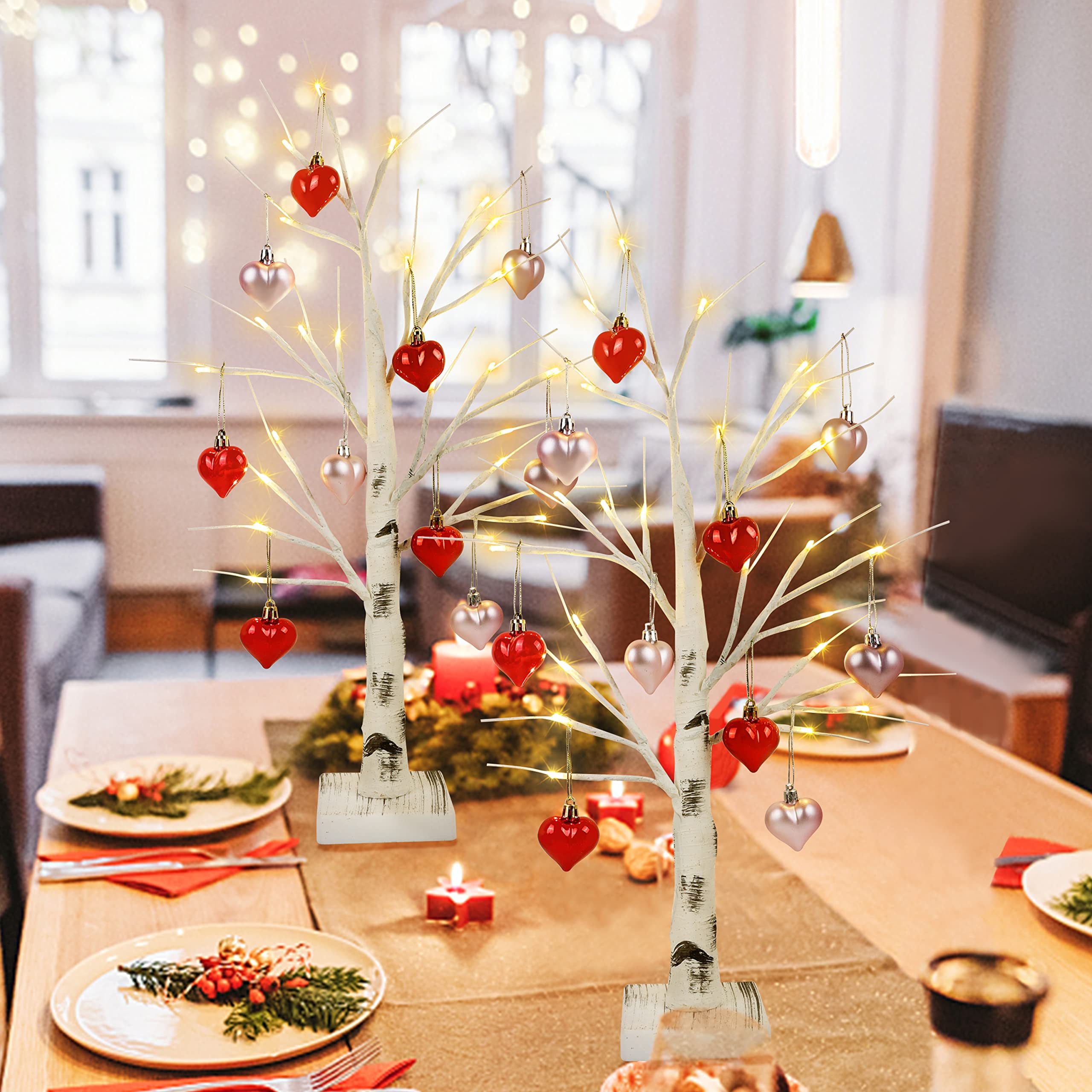 Ridota 22 Inch Christmas Lighted Birch Tree with 10 Pcs Valentine's Day Hanging Heart Ornaments, Pre-Lit White Birch Twig Tree Lights, Valentine's Day Tabletop Tree Lights, 2 Pack