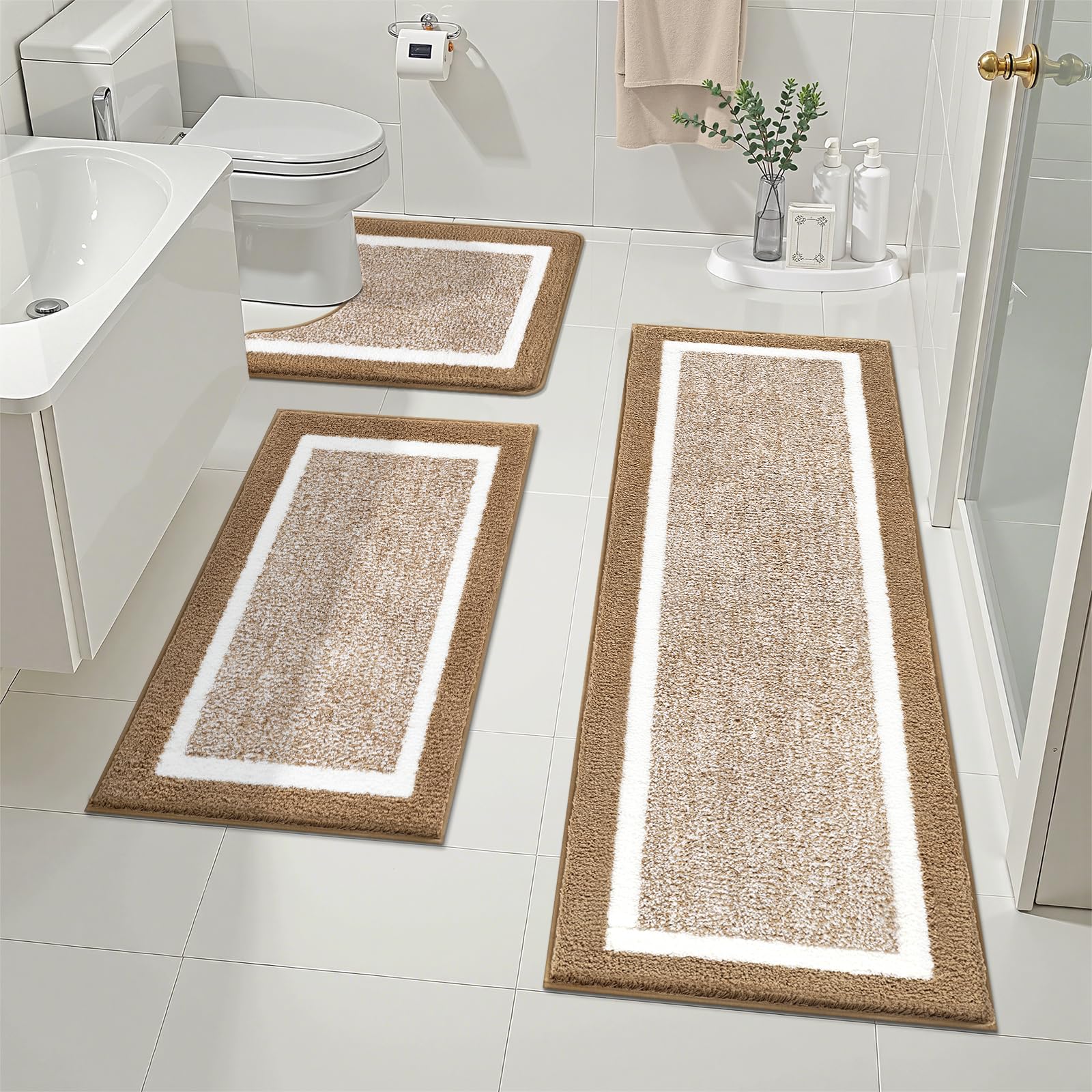 Photo 1 of ***INCOMPLETE SET / HAS 2 OUT OF 3 RUGS**** Pauwer Bathroom Rugs 3 Piece Set, Non Slip Washable Bath Mat, Khaki