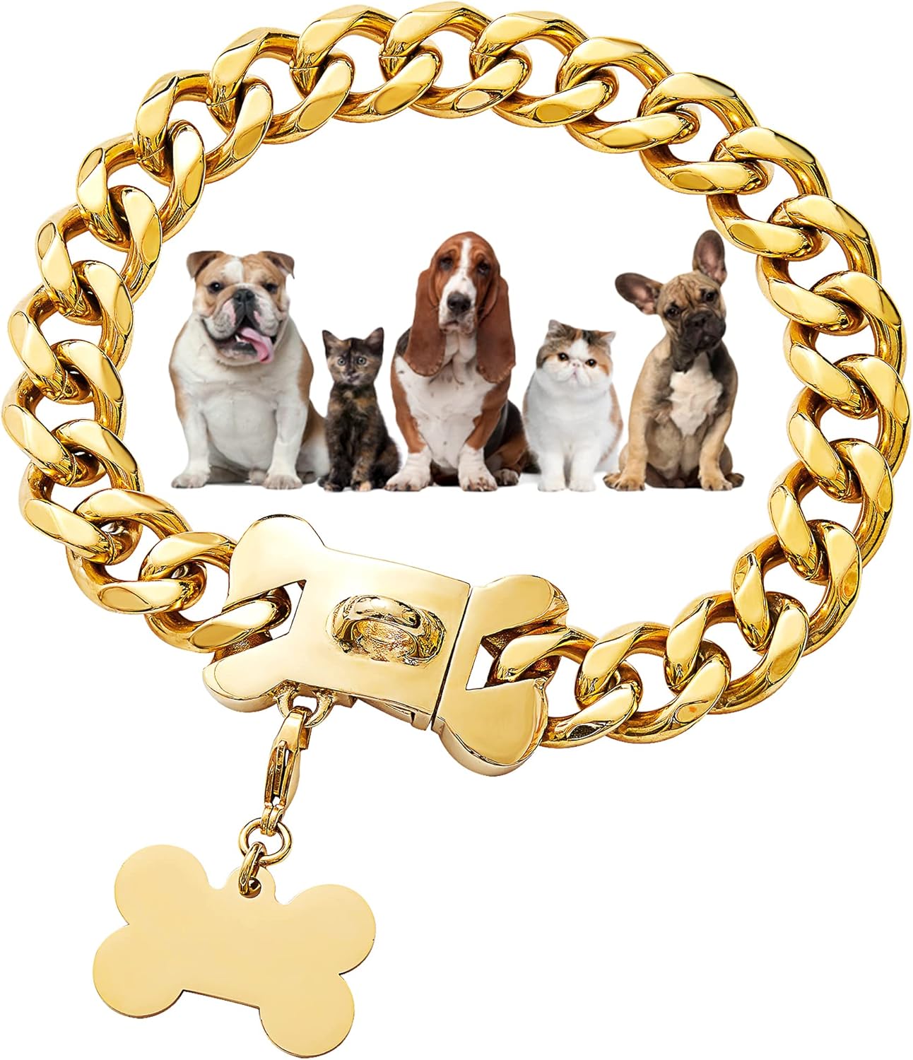Gold Chain Dog Collar 15mm 18K Gold Cuban Link Dog Collar