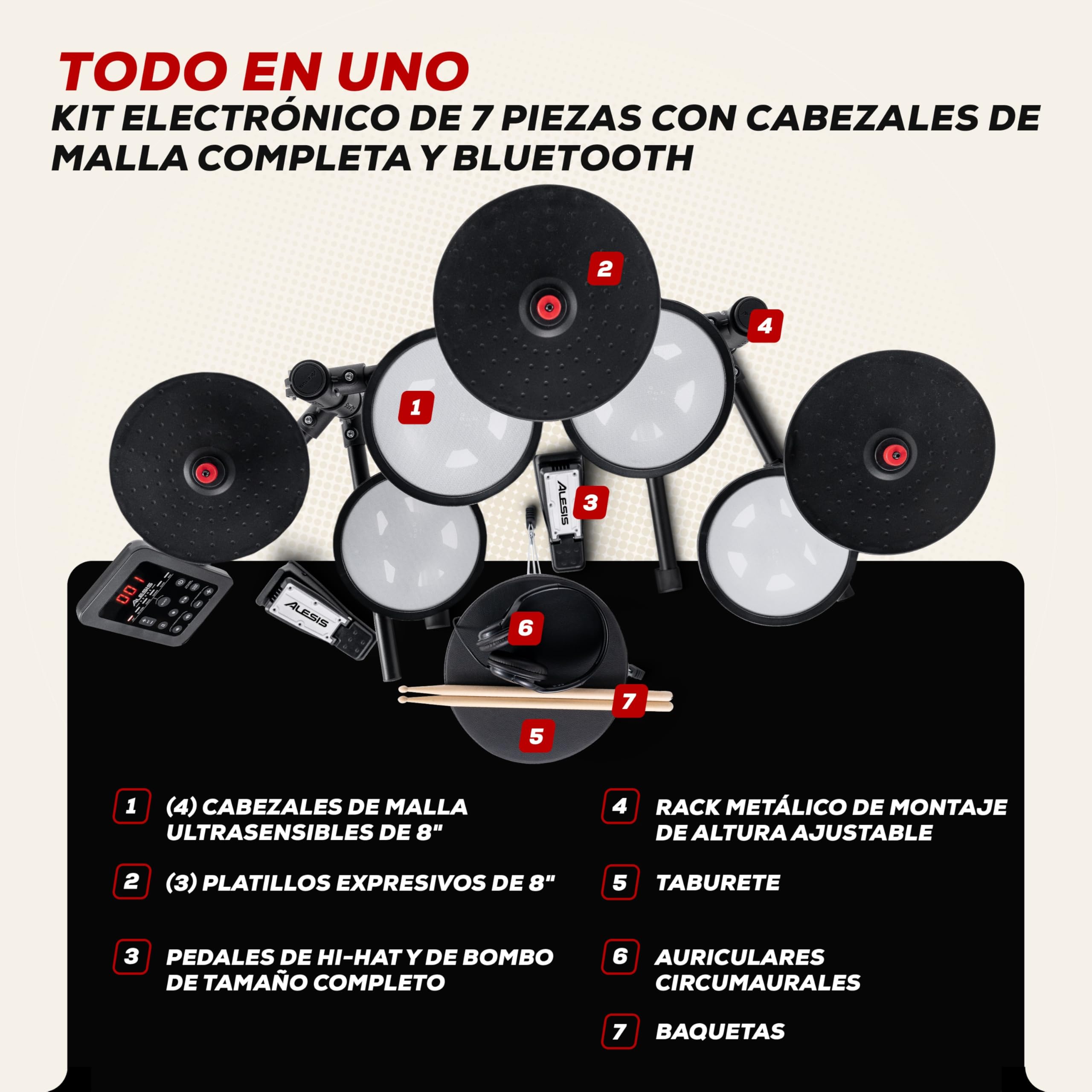 Alesis Turbo Max Batería Electrónica | Compacta, Plegable, Pads de Malla Silenciosos, Toms de 8", Platillos de 8", Bluetooth, Banqueta, Auriculares, Baquetas