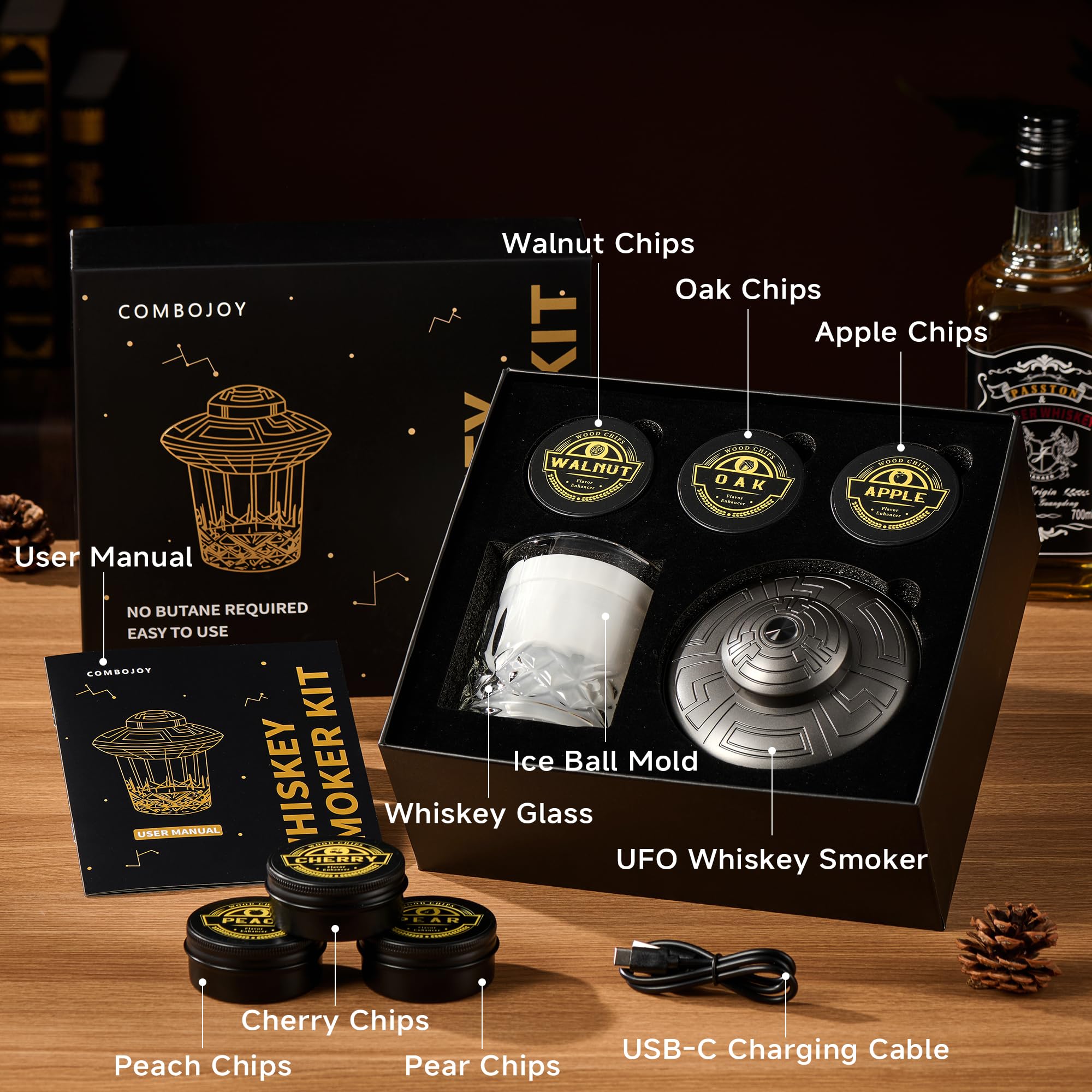 ComboJoy Kit per affumicatore elettrico per whisky, accendino integrato, 6 gusti di trucioli di legno, stampi per bicchieri e sfere di ghiaccio, kit ricaricabile per cocktail, kit per affumicatore di